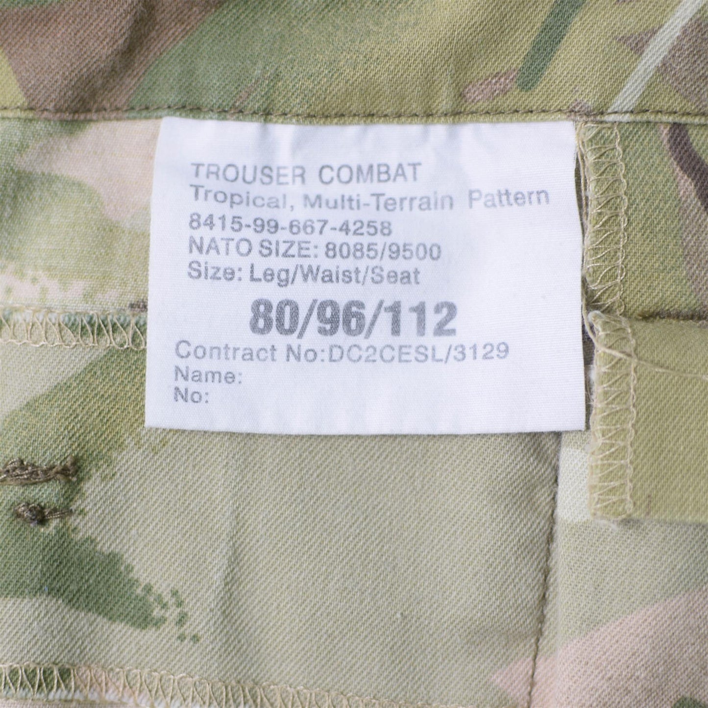 Britanijos kariuomenes MTP sortu etikete su dydziu ir NATO standarto informacija balta medziagos juostoje