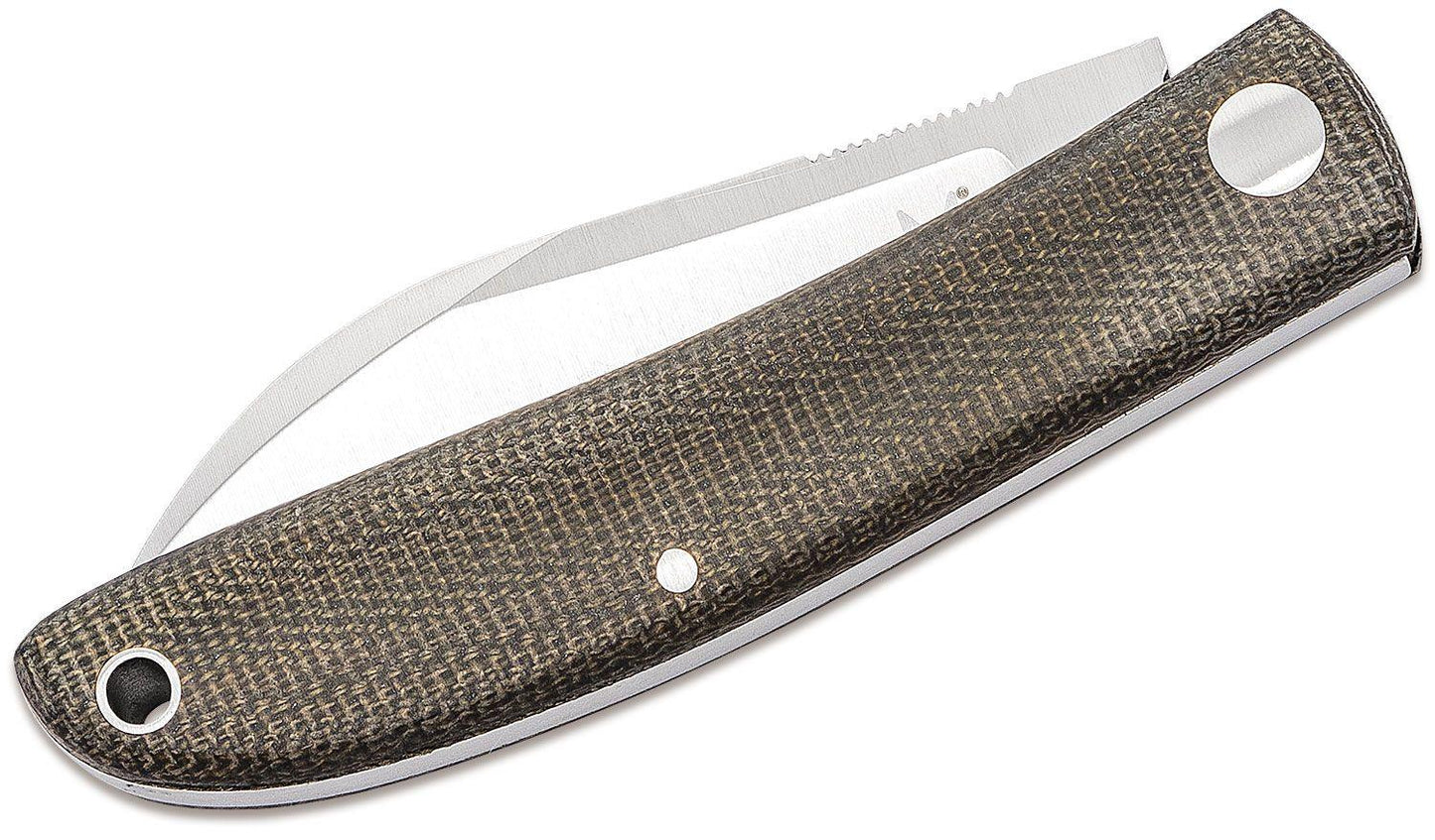 Fox Knives Livri sulankstomas peilis iš nerūdijančio plieno M390 su tamsiai žalia mikartos rankena ir satino ašmenimis.