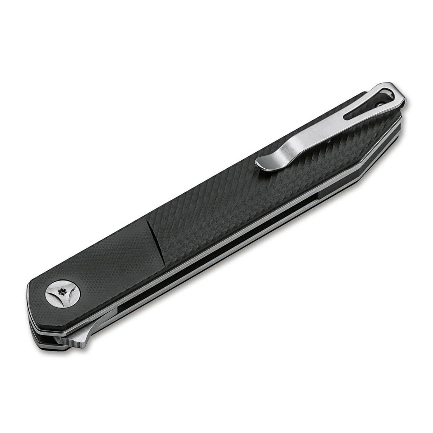 Boker Magnum Miyu sulankstomas peilis su juoda G10 rankena ir sidabriniu flipperiu, pavaizduotas uždarytoje pozicijoje