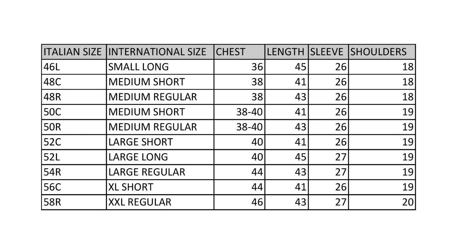Italijos jūrų laivyno kariuomenės paltas vilnonis Juodas su dydžių lentele, matmenys krūtinė, ilgis, rankovė, pečiai.