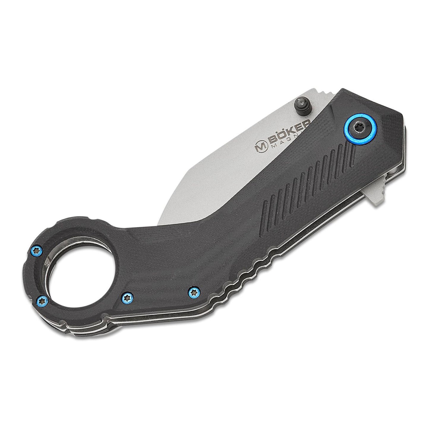 BOKER Magnum Velcon sulankstomas karambitas su pilka 440C plieno geležte ir juoda G10 rankena, melynais varžtais