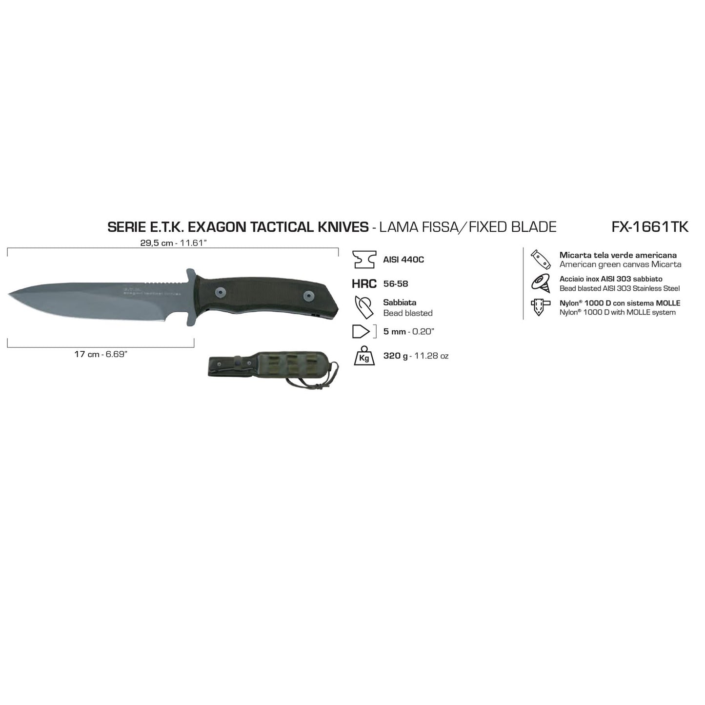 Fox Knives ETK EXAGON tactical knife fixed blade 440C steel nylon case