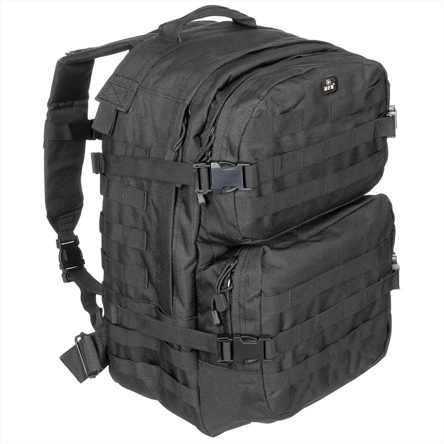 MFH US Assault II taktinė kuprinė 40L su MOLLE sistema ir gertuvės skyriumi juoda, patvari ir erdvi kuprinė.