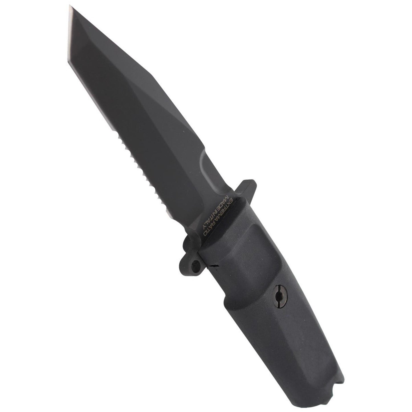ExtremaRatio FULCRUM Compact modernus taktinis peilis N690 plienas su juoda rankena ir siaučia geležte.