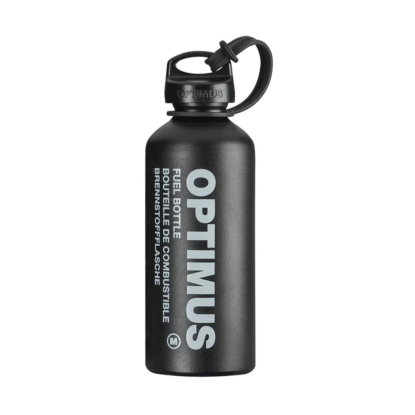 Optimus lengas patvarus degalu butelis Juodas, aliumininis kuro butelis, talpa 600ml arba 1 l kelionėms ir transportavimui.