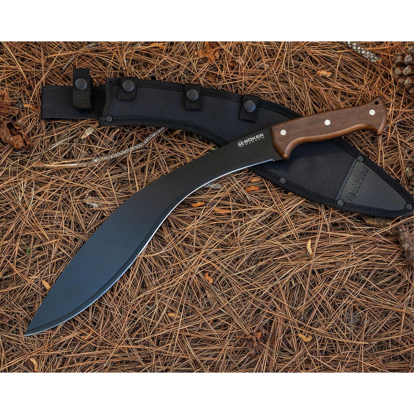 Boker Magnum Kukri macete su lenkta 420 plieno geležte ir medine rankena, juoda danga, su deklu ant spygliu