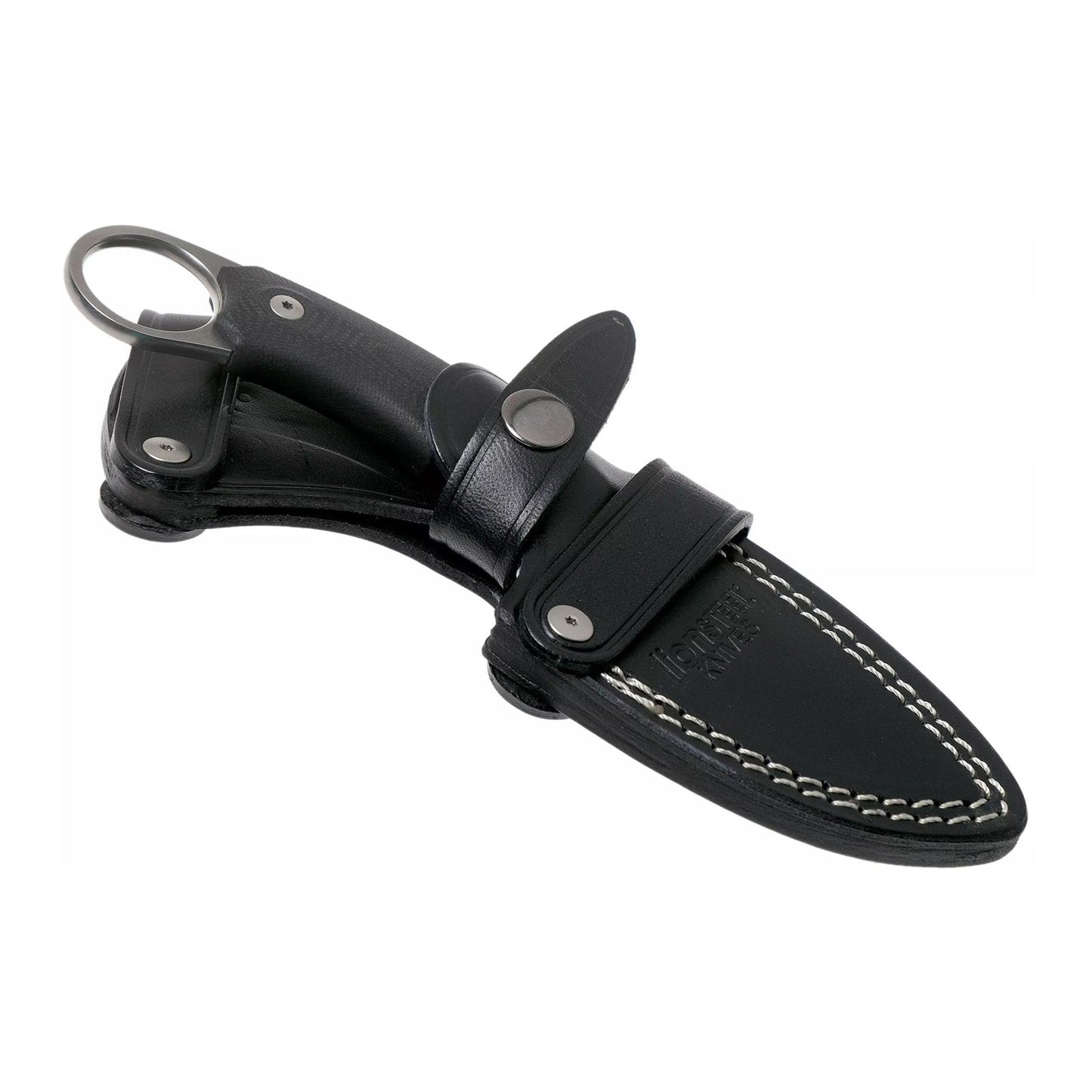 LionSteel H1 fiksuotas peilis su M390 plienu ir juodu odiniu dėklu patogiam nešiojimui.