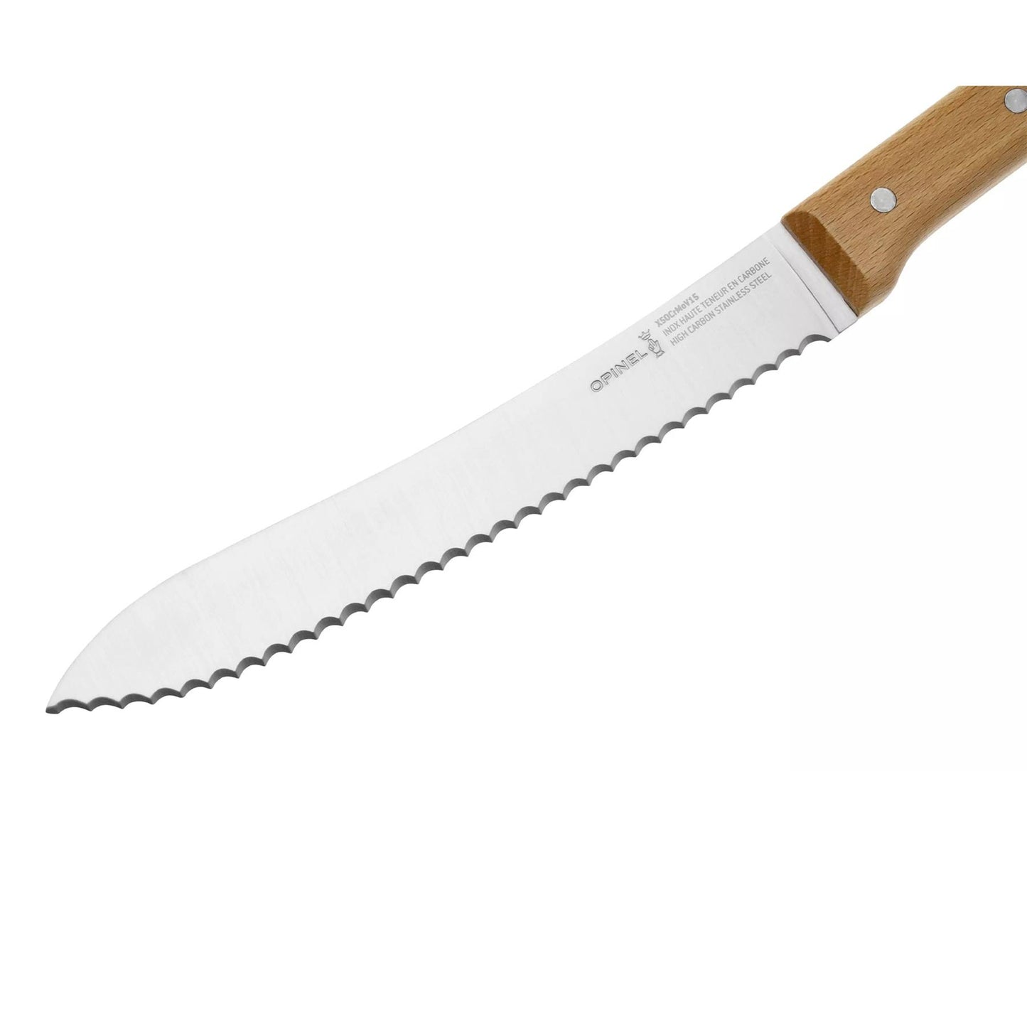 Opinel Parallele fiksuotas duonos peilis su medžio rankena, dantytas nerūdijančio plieno ašmenys.