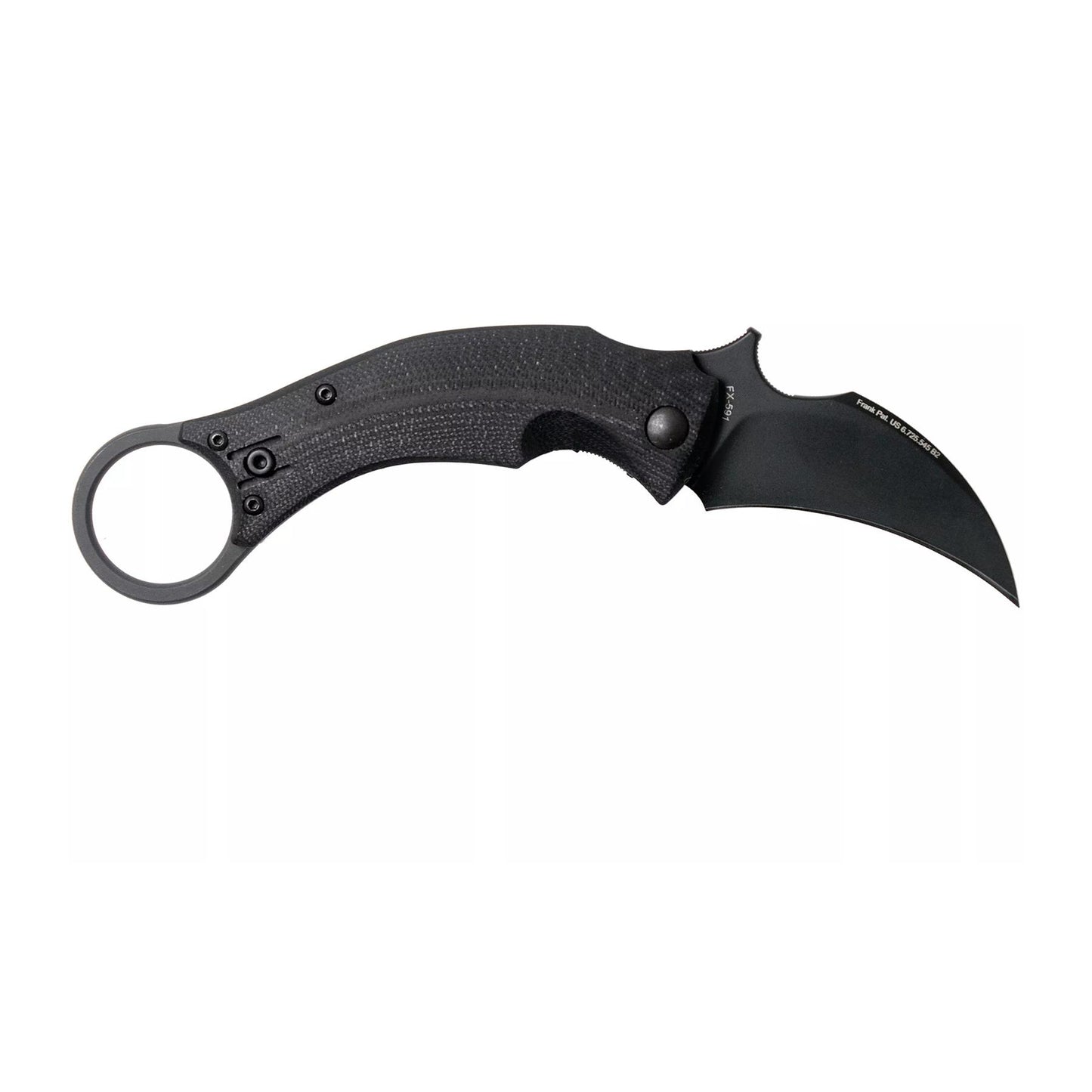 Fox Knives BLACK BIRD sulankstomas kišeninis karambito formos peilis su N690Co plieno ašmenimis, juodas dizainas.