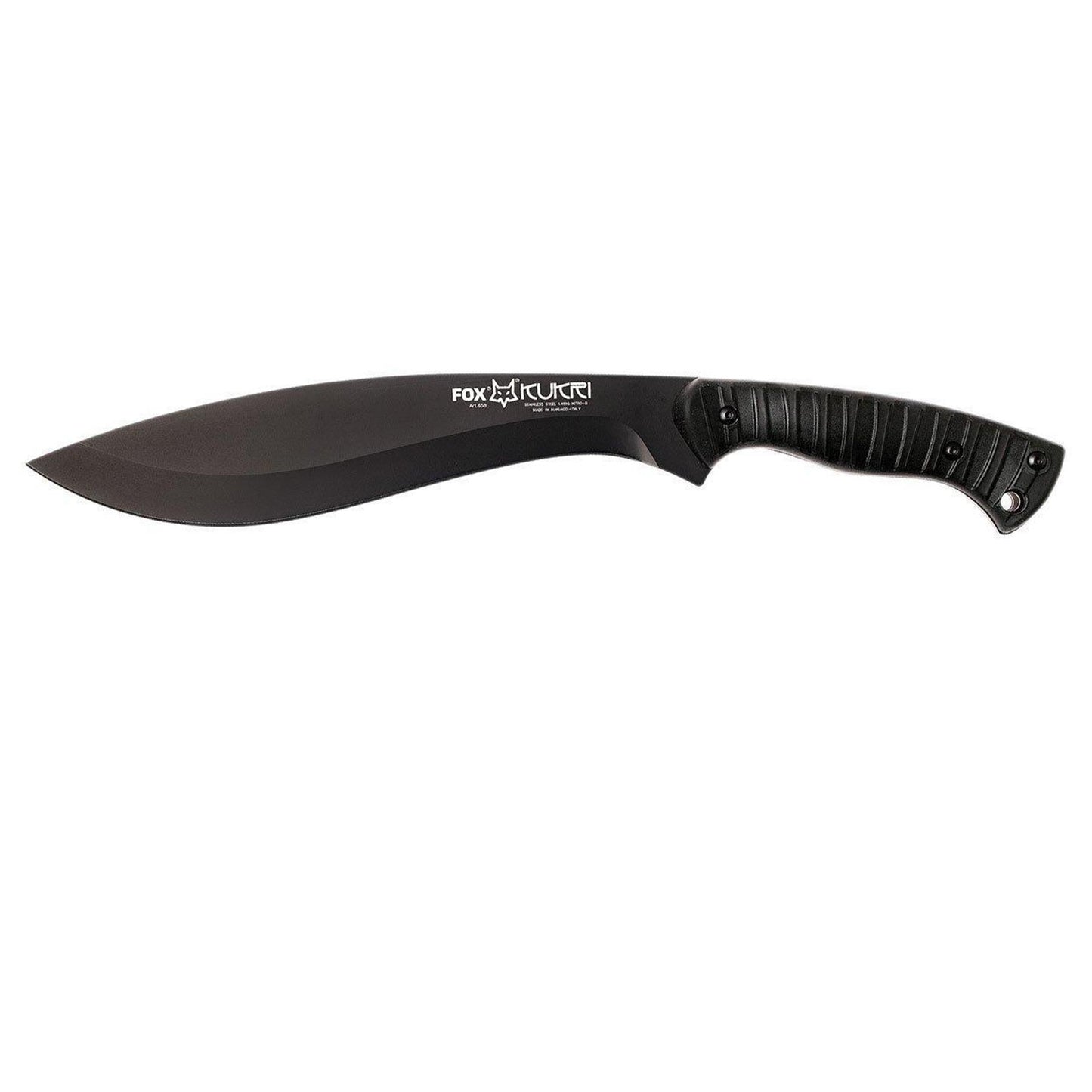 Fox Knives KUKRI mačetė pagaminta iš 4119 nitro-B nerūdijančio plieno, juoda ir tvirta, Italijos gamybos.