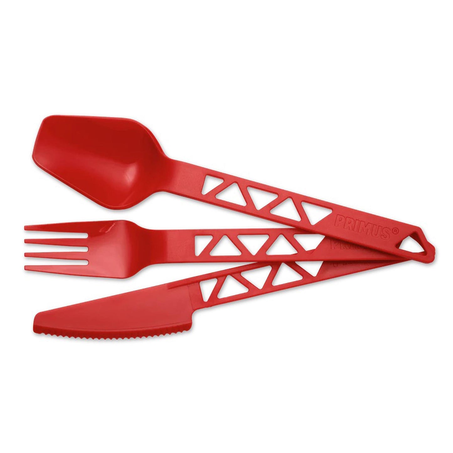 Primus Lightweight Trailcutlery Tritan stalo įrankių rinkinys šakutė, šaukštas ir peilis raudonos spalvos, lengvas ir kompaktiškas.