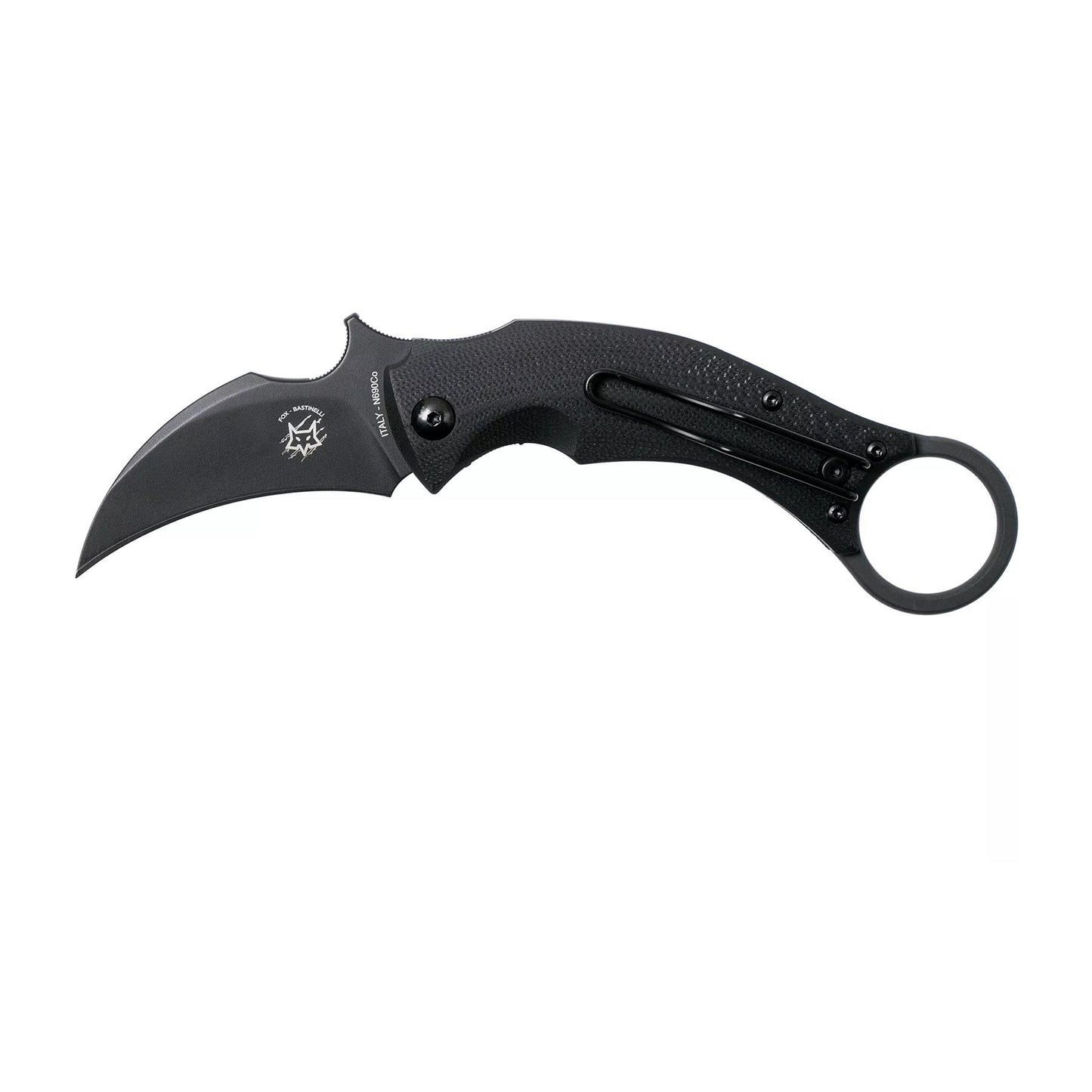 Fox Knives BLACK BIRD sulankstomas kišeninis karambito formos peilis su N690Co plieno ašmenimis, juodas dizainas