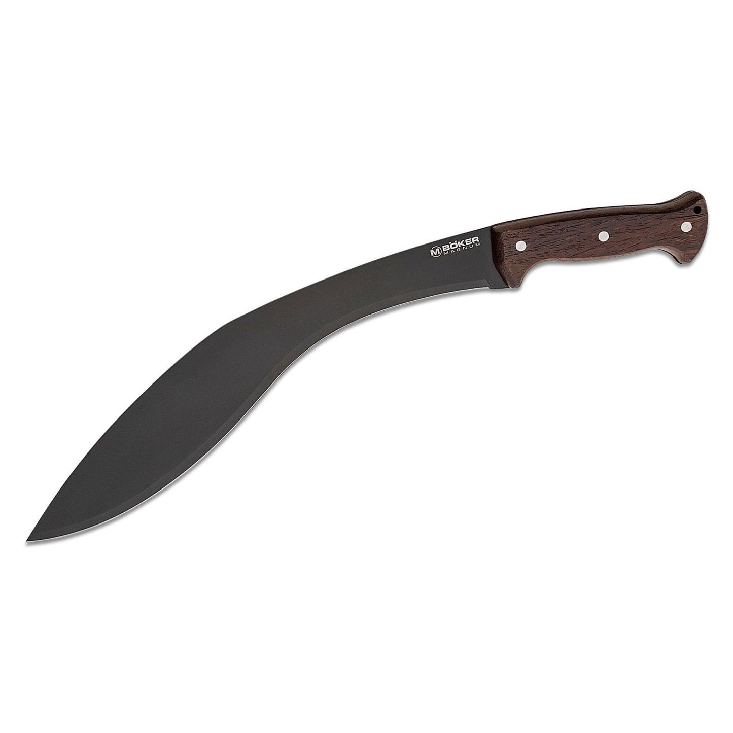 Boker Magnum Kukri macete su lenkta juoda geležte is 420 plieno ir medine rankena, skirta bushkraftui