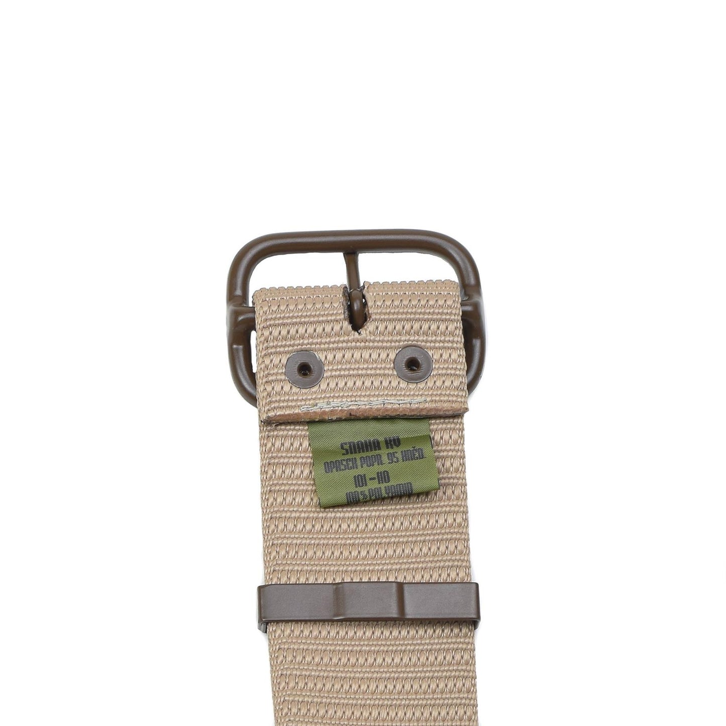 Cekijos kariuomenes taktinis dirzas chaki su metaline sagtimi ir zalia etikete ant smeline spalvos austines medziagos