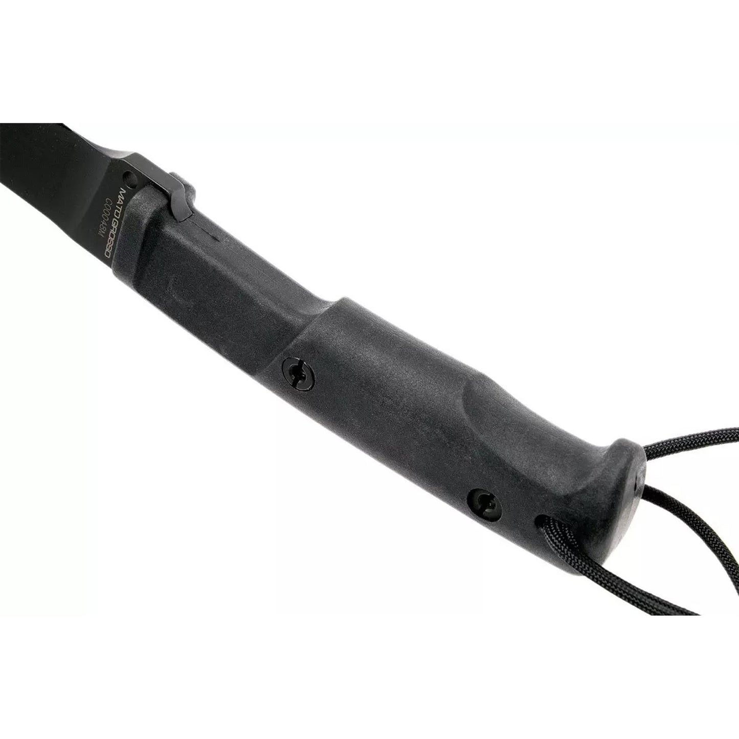 ExtremaRatio MATO GROSSO taktinė mačetė su juoda Forprene rankena ir taktinė virvė saugiam naudojimui.