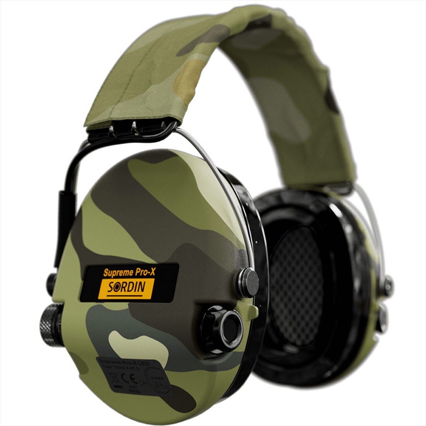 Sordin Supreme Pro-X LED apsauginės klausos ausinės camo dizaino su dviem mikrofonais ir LED apšvietimu