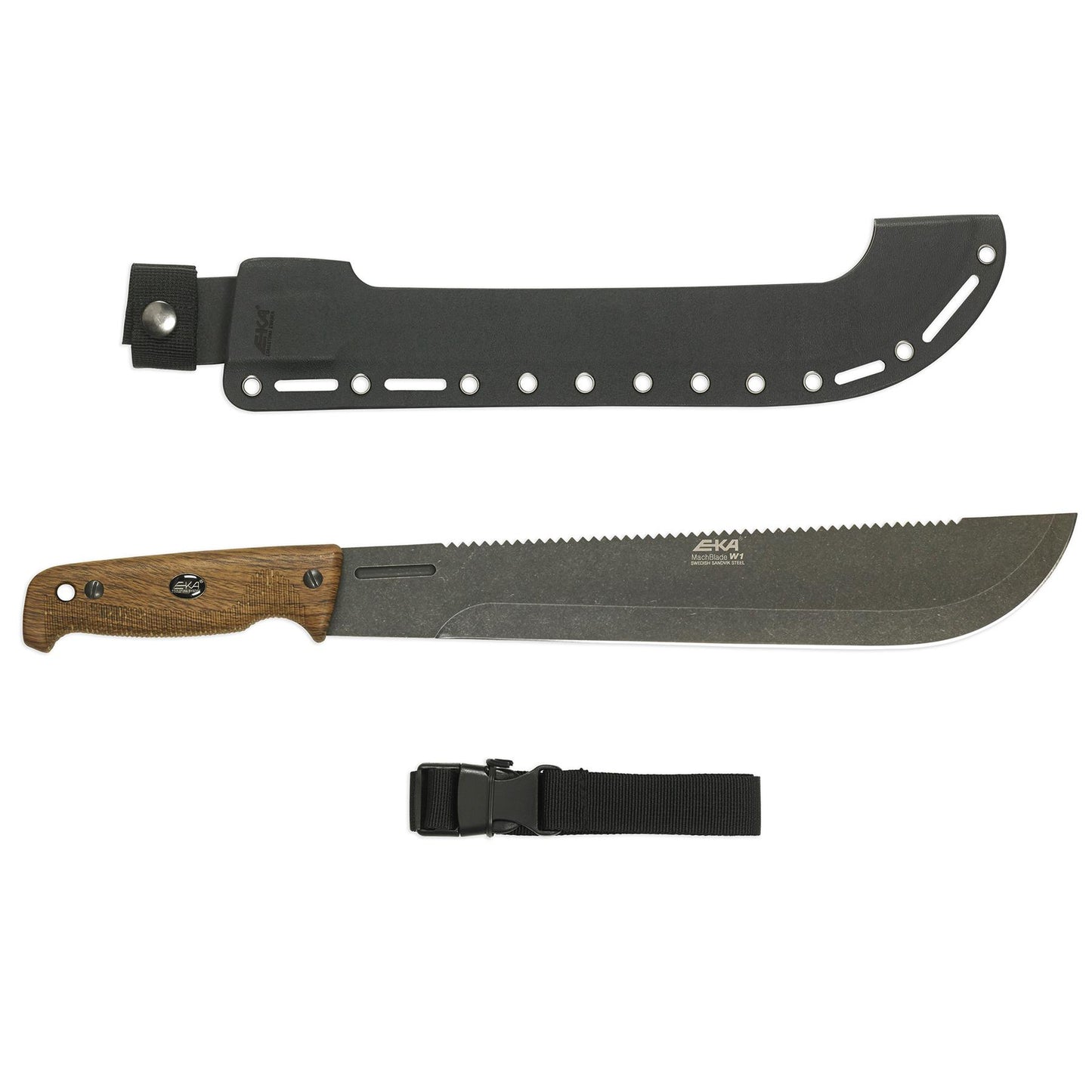 EKA MachBlade W1 mačetė su 12C27 plieno ašmenimis, pjūklo stiliaus nugarėle ir Kydex dėklu.