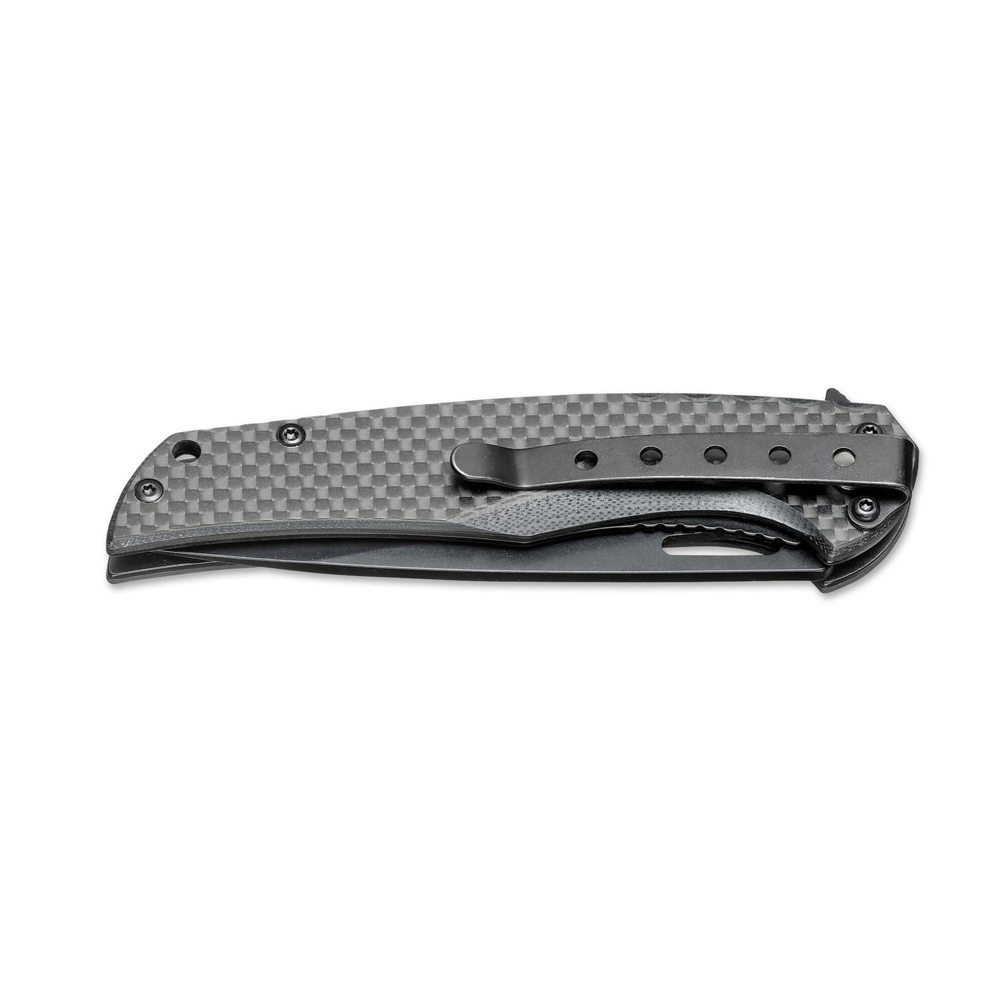 BOKER Black Carbon atlenkiamas peilis su anglies pluosto rankena ir juoda geležte, uždarytas vaizdas iš šono