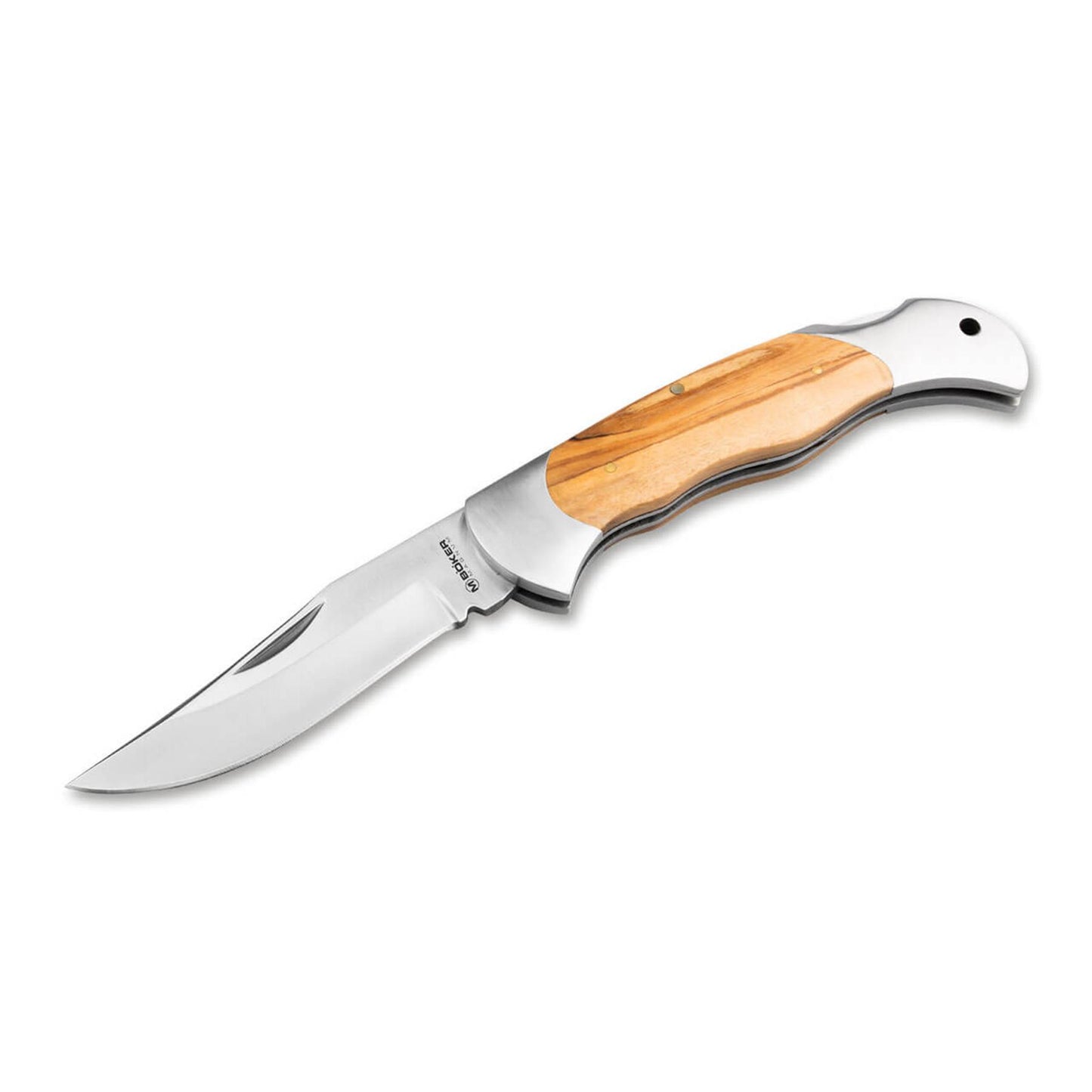 BOKER Classic Hunter One sulankstomas peilis su alyvmedžio rankena ir 440A plieno geležte atvertas ant balto fono