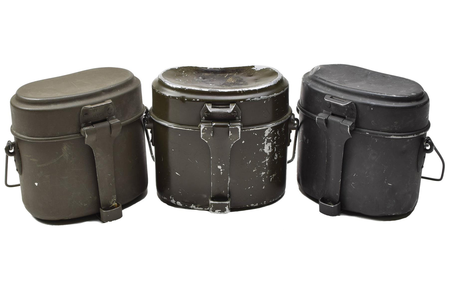 Austrijos kariuomenes lauko virtuves indai 3 daliu alyvuogiu spalvos metaliniai konteineriai su rankenemis ir dangciais