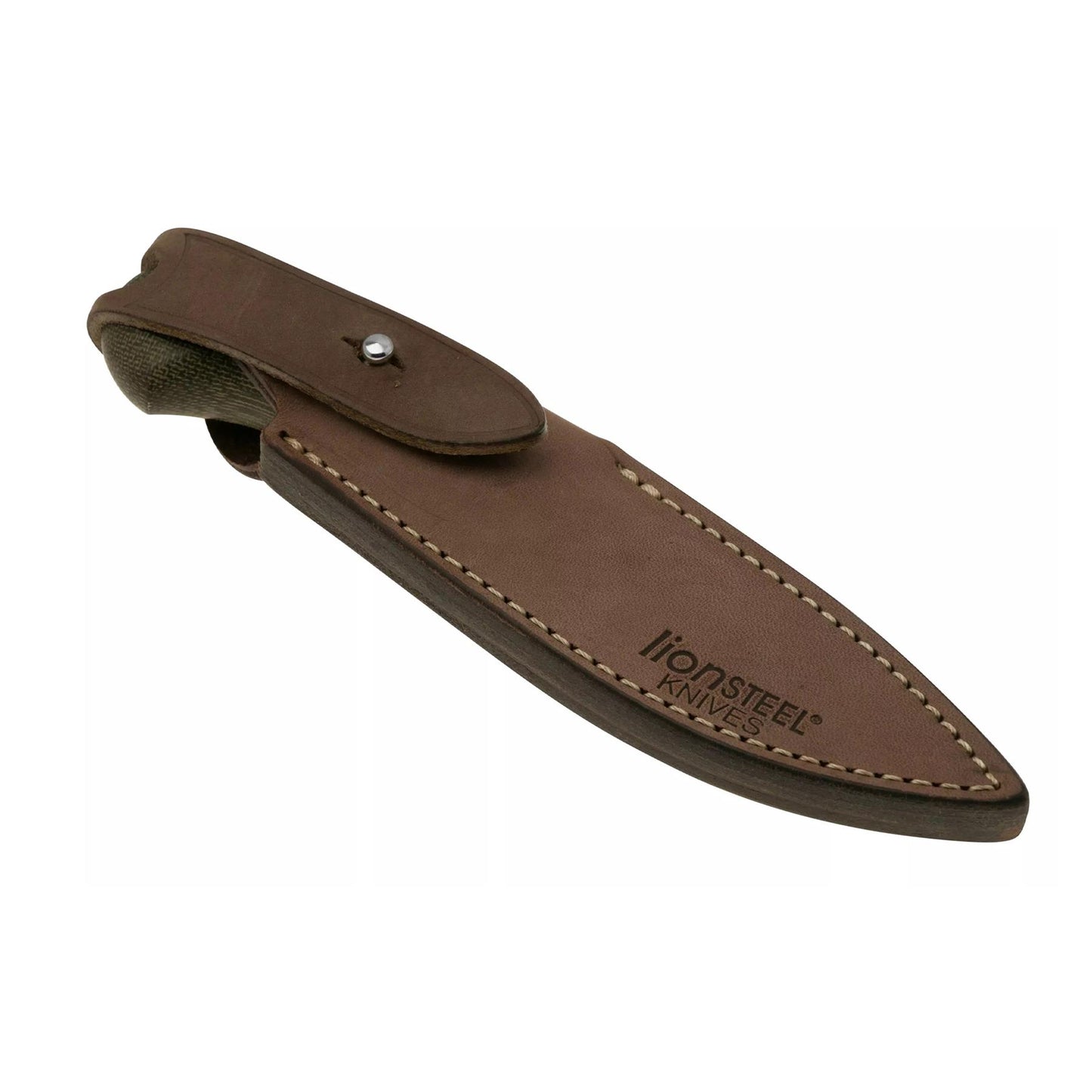 LionSteel Wily fiksuotas peilis iš M390 plieno satino, dėklas iš rudos odos patogiam nešiojimui.
