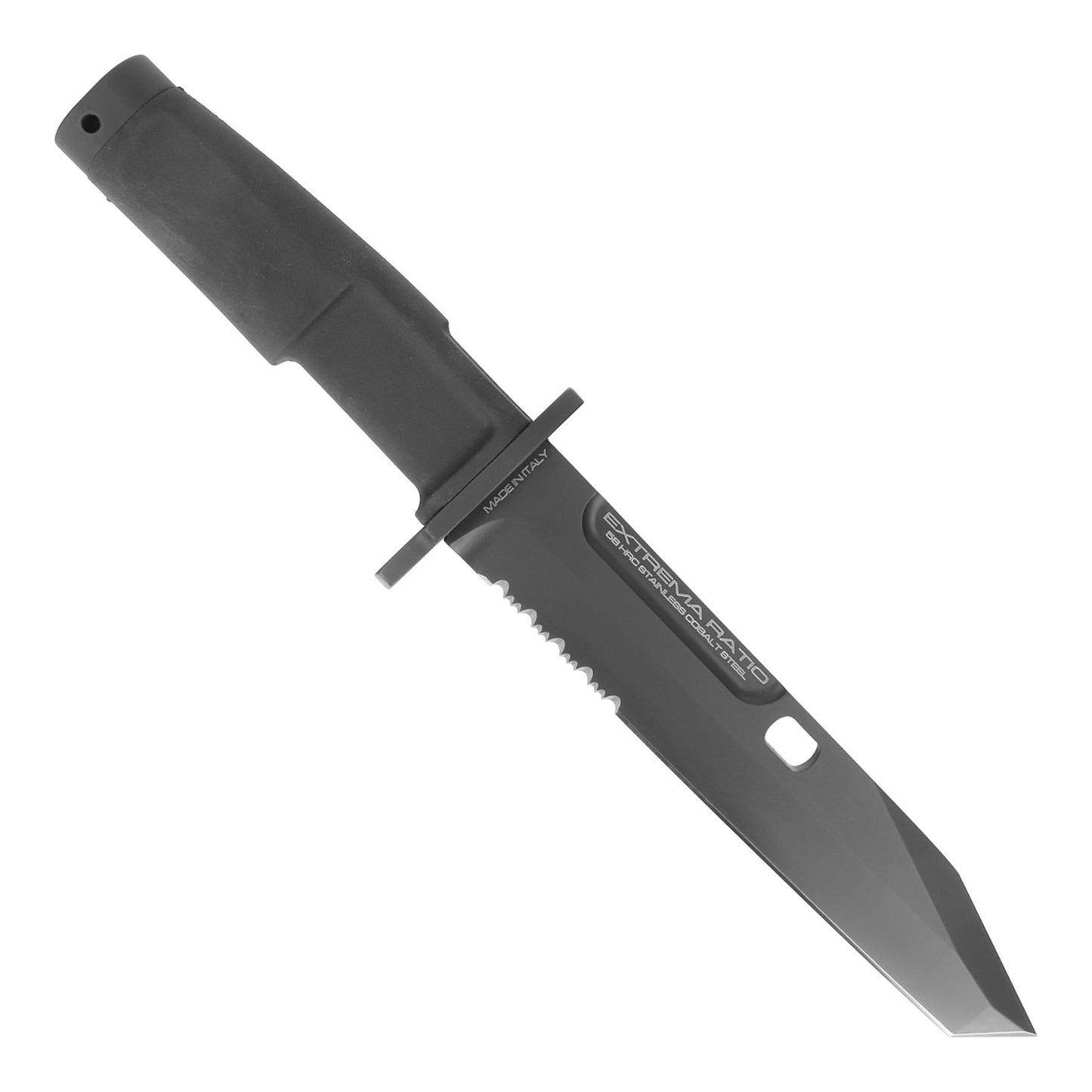 ExtremaRatio FULCRUM BAYONET NFG taktinis peilis su tanto formos N690 plieno fiksuota geležte ir juoda rankena.