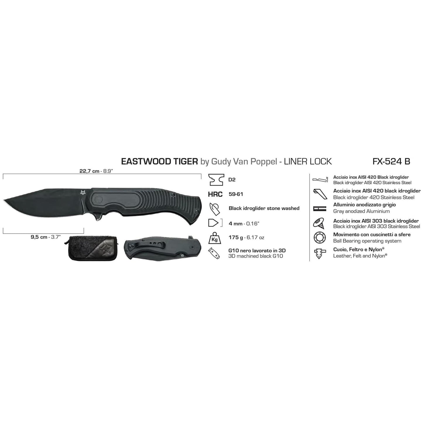 Fox Knives EASTWOOD TIGER taktinis kišeninis peilis D2 plienas G10 rankena juodas sulankstomas modelis