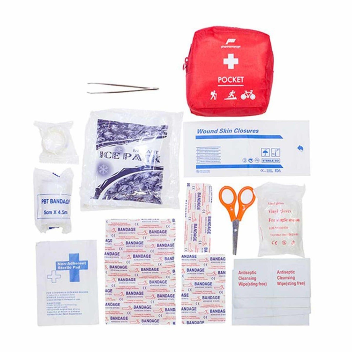 Pharmavoyage Pocket Kompaktiškas pirmosios pagalbos rinkinys žygiams stovyklavimui su būtinomis priemonėmis traumos gydymui.