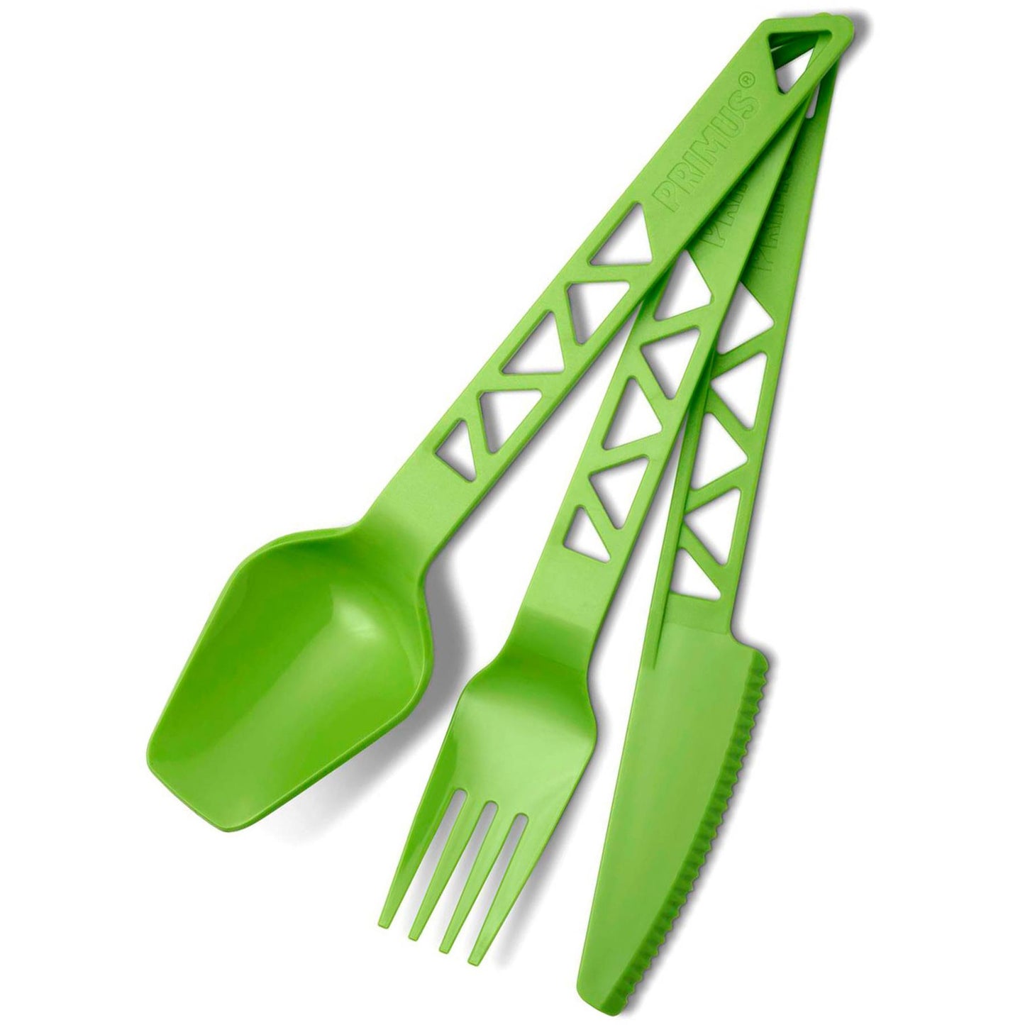 Primus Lightweight Trailcutlery Tritan stalo įrankių rinkinys žalias, lengvas, patogus naudoti kelionėms.