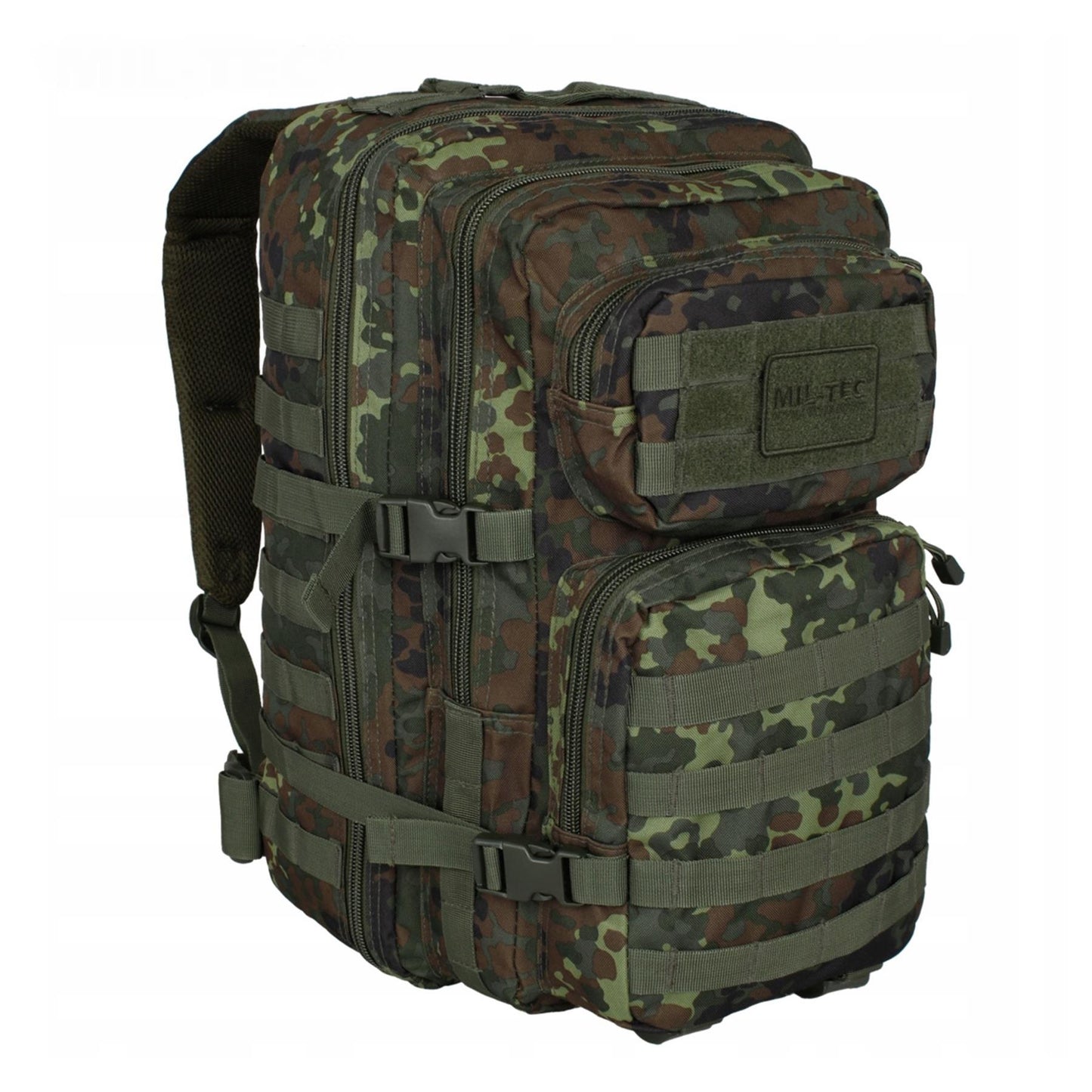 MIL-TEC Assault taktinė 36l kuprinė Flecktarn camo su Molle juostomis ir dviem užtraukiamomis kišenėmis.