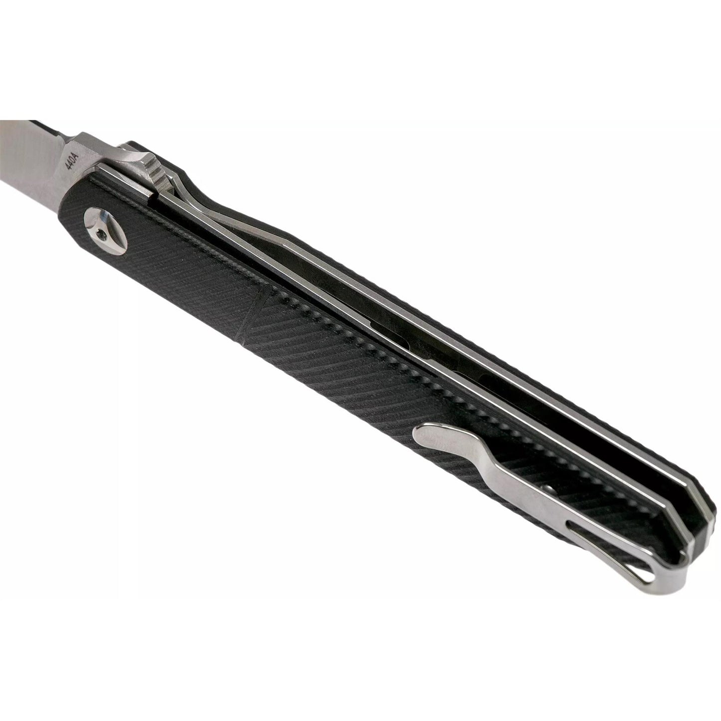 Boker Magnum Miyu peilis su juoda G10 rankena ir sidabrine geležte, parodyta sulankstytoje padetyje