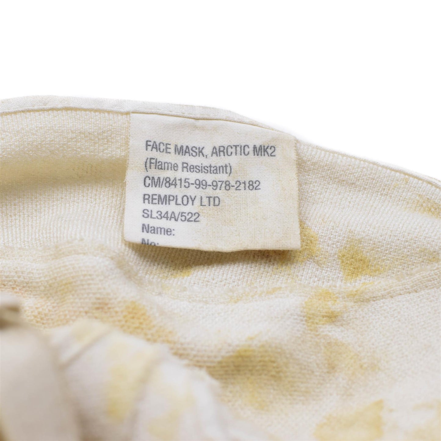 Olandijos kariuomenės veido kaukė atspari ugniai baltos spalvos, pagaminta iš aramidinės medžiagos.