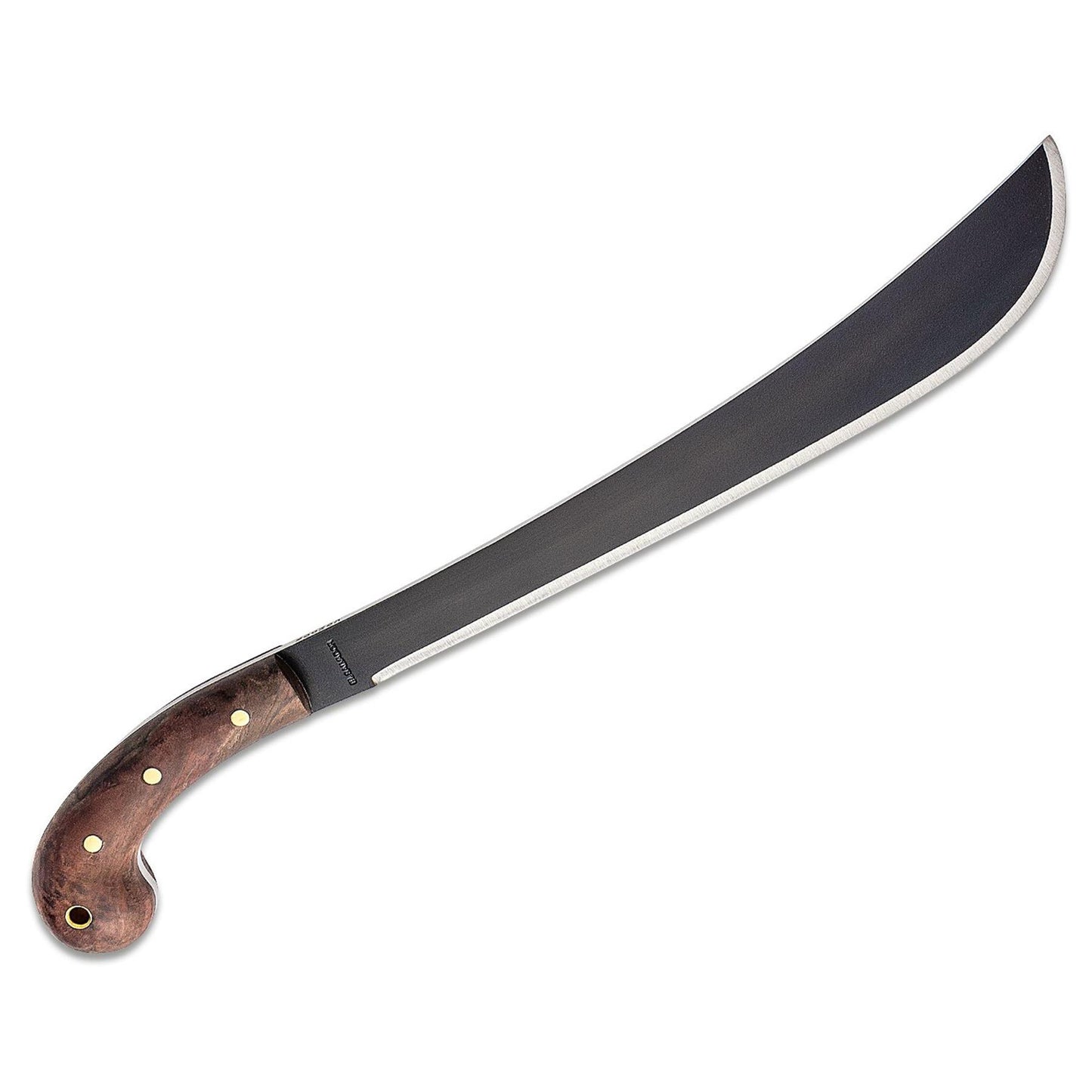 Condor Golok Machete 1075 plienas su medine rankena ir lenkta ašmenų forma, pateikiama su odiniu dėklu