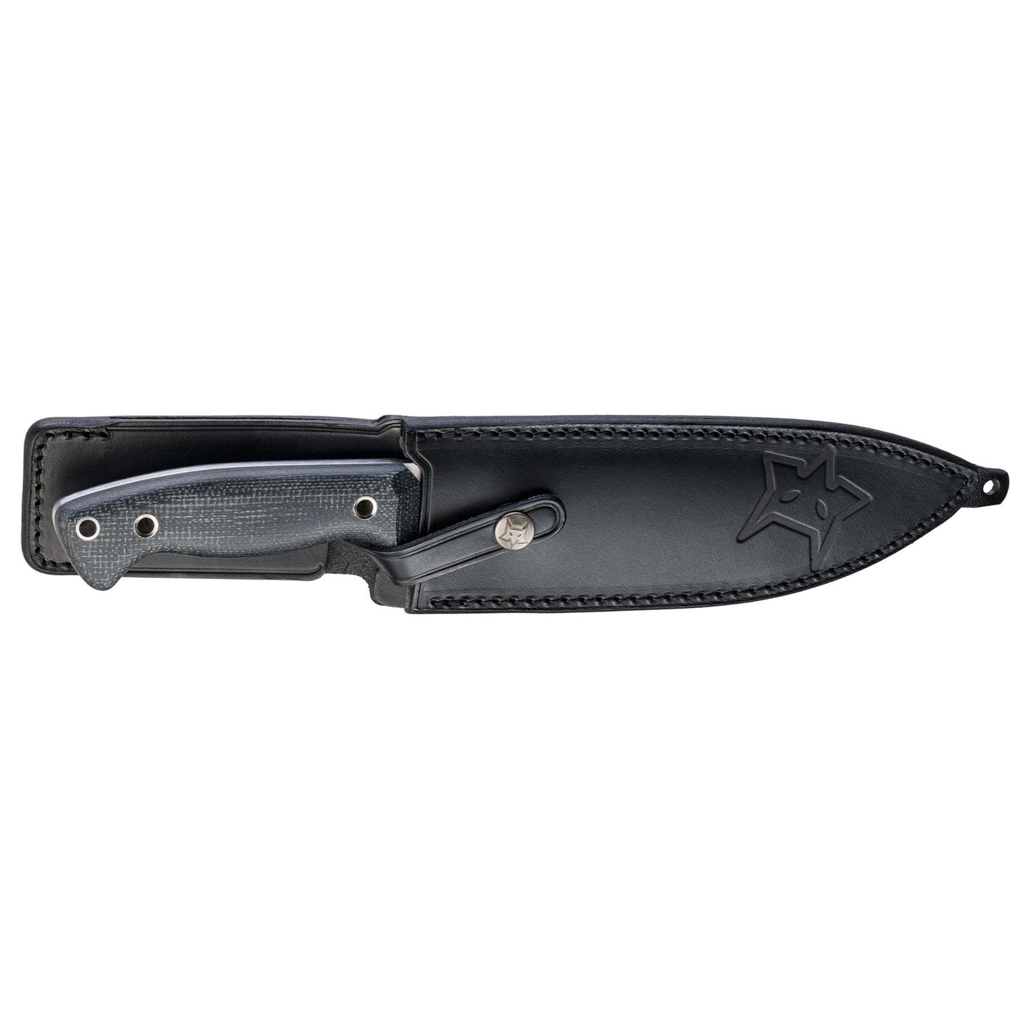 FoxKnives fiksuotas peilis iš niolox nerūdijančio plieno su juodu dėklu, skirtas taktiniam ir kasdieniam naudojimui.