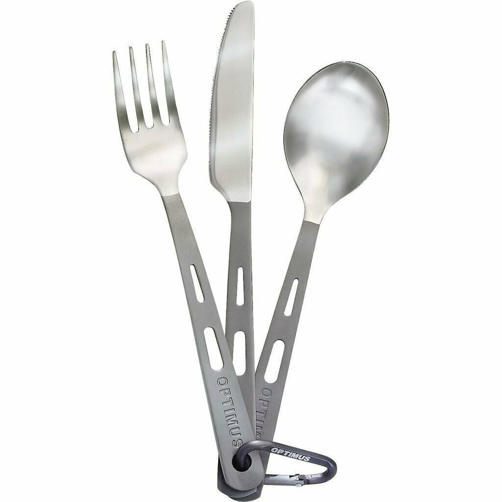 Optimus Titanium 3-jų dalių valgymo įrankių rinkinys iš titano, lengvas ir patvarus stovyklavimui bei žygiams.