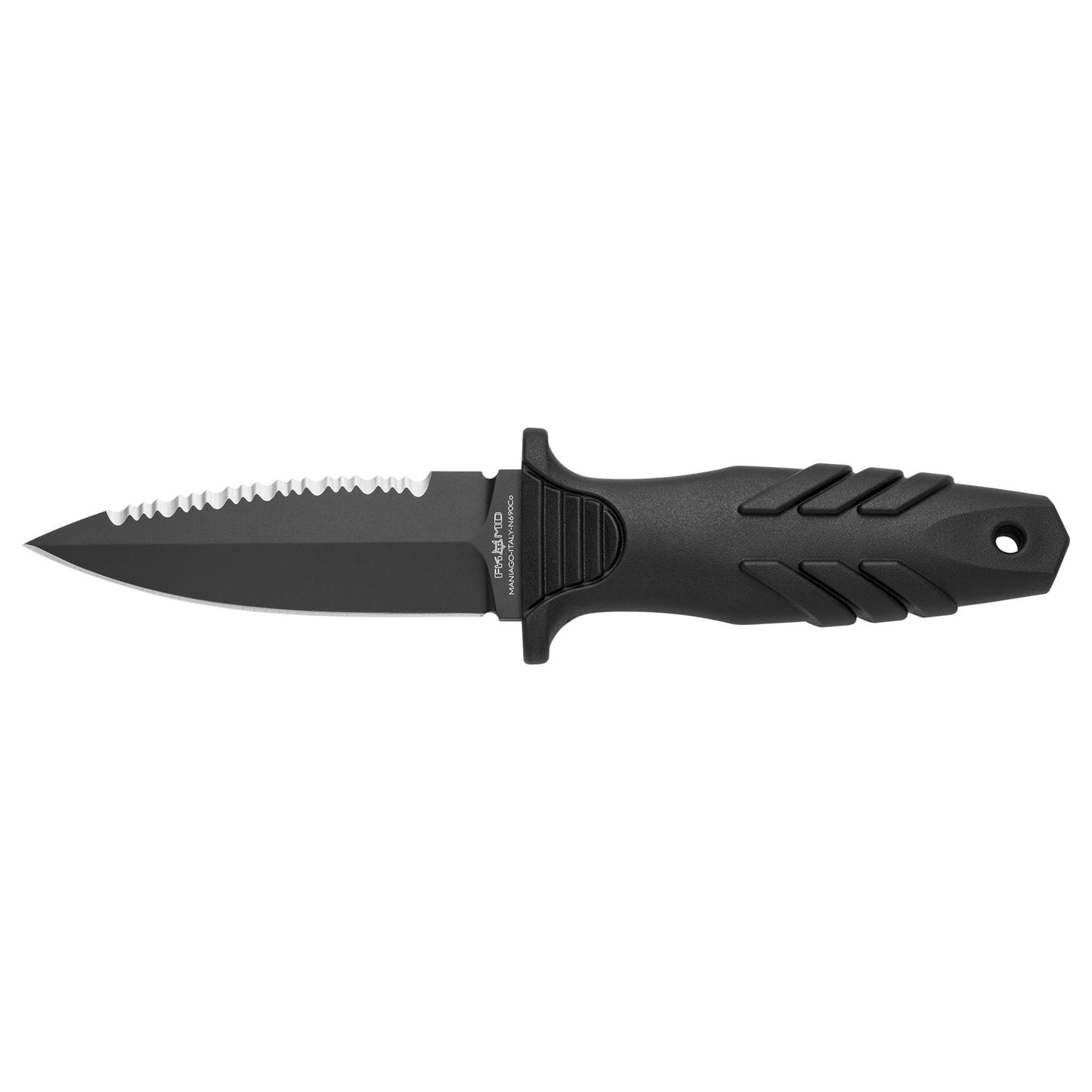 Fox Knives TACTICAL ELEMENTUM DAGGER FX-647 S fiksuotas peilis su dantytu kraštu ir ergonomine rankena.