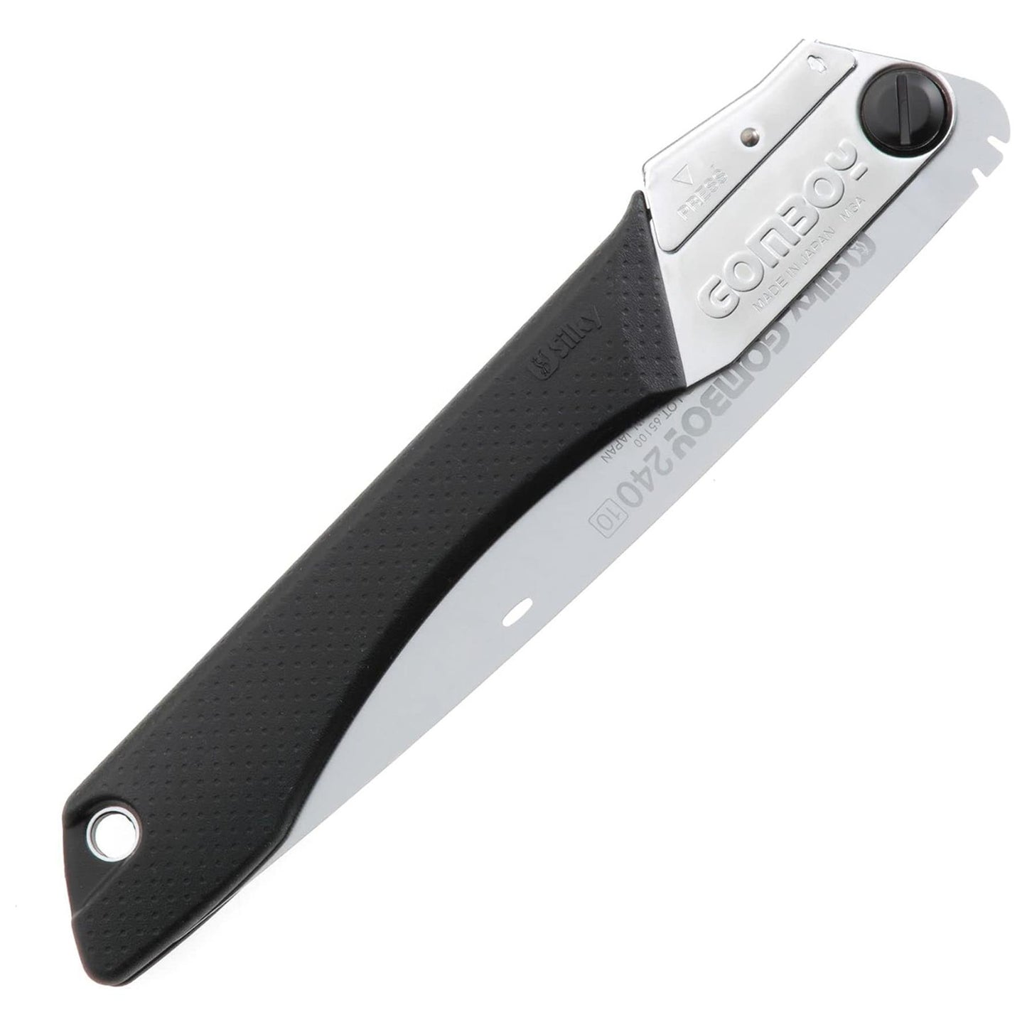 Silky GOMBOY 240-10 atlenkiamas pjūklas iš nerūdijančio plieno su ergonomiška gumuota rankena ir 240 mm ašmenimis.