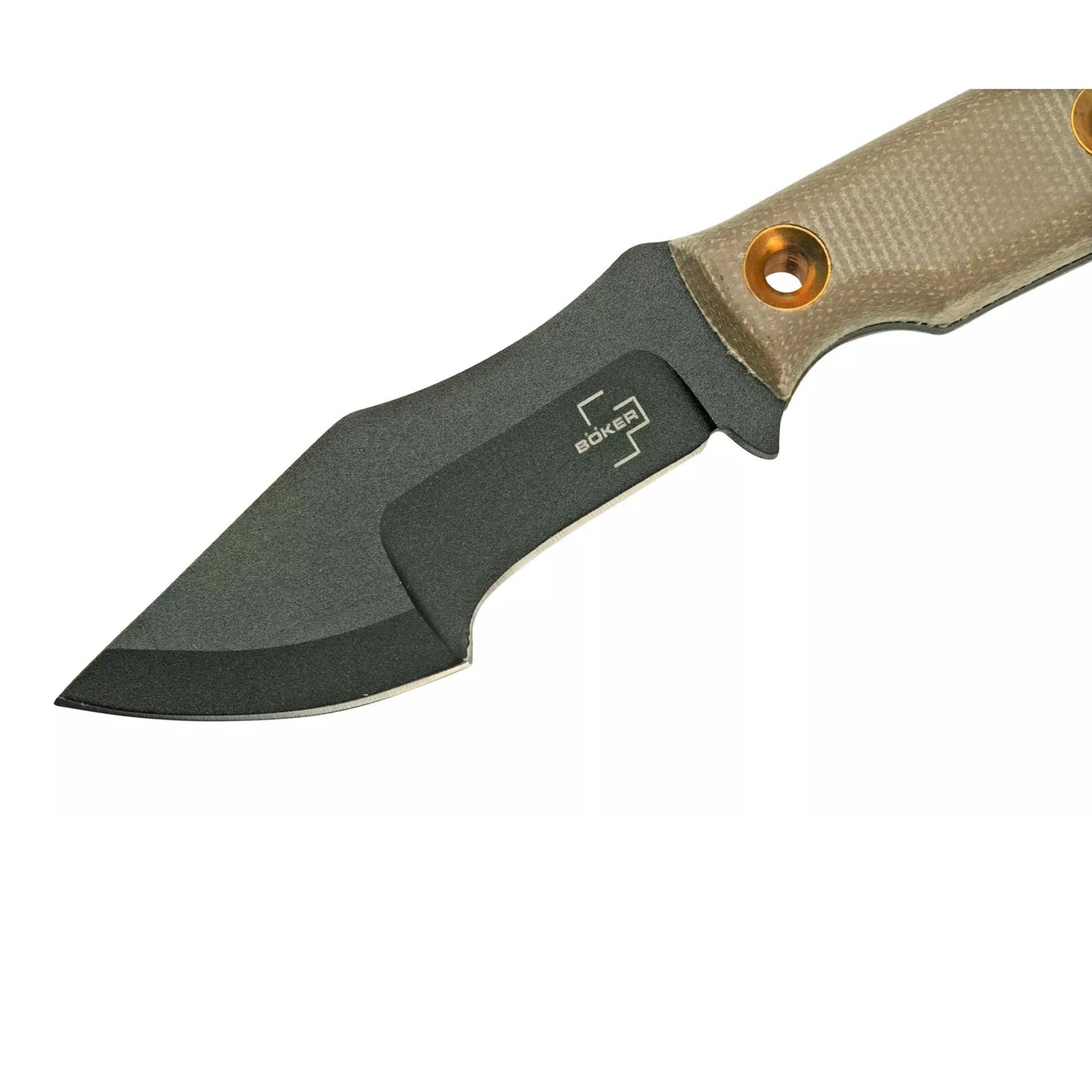 Boker Plus Micro Tracker fiksuotas peilis su juodu ašmeniu ir smėlio spalvos rankena, padarytas iš 1095 plieno