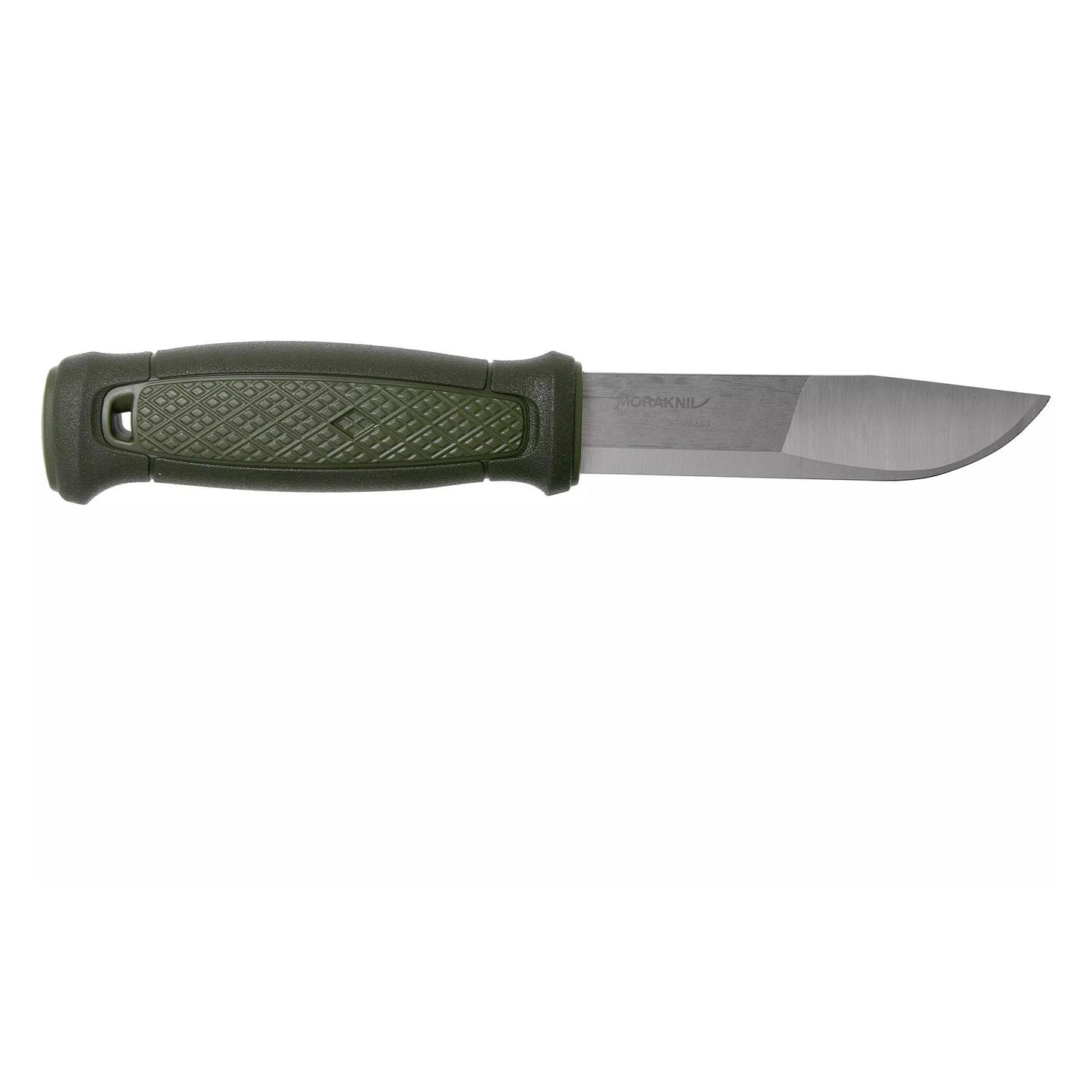 MORAKNIV Kansbol išgyvenimo peilis su ugnies keltuvu ir galąstuvu, patvarus su ergonomiška žalia rankena.