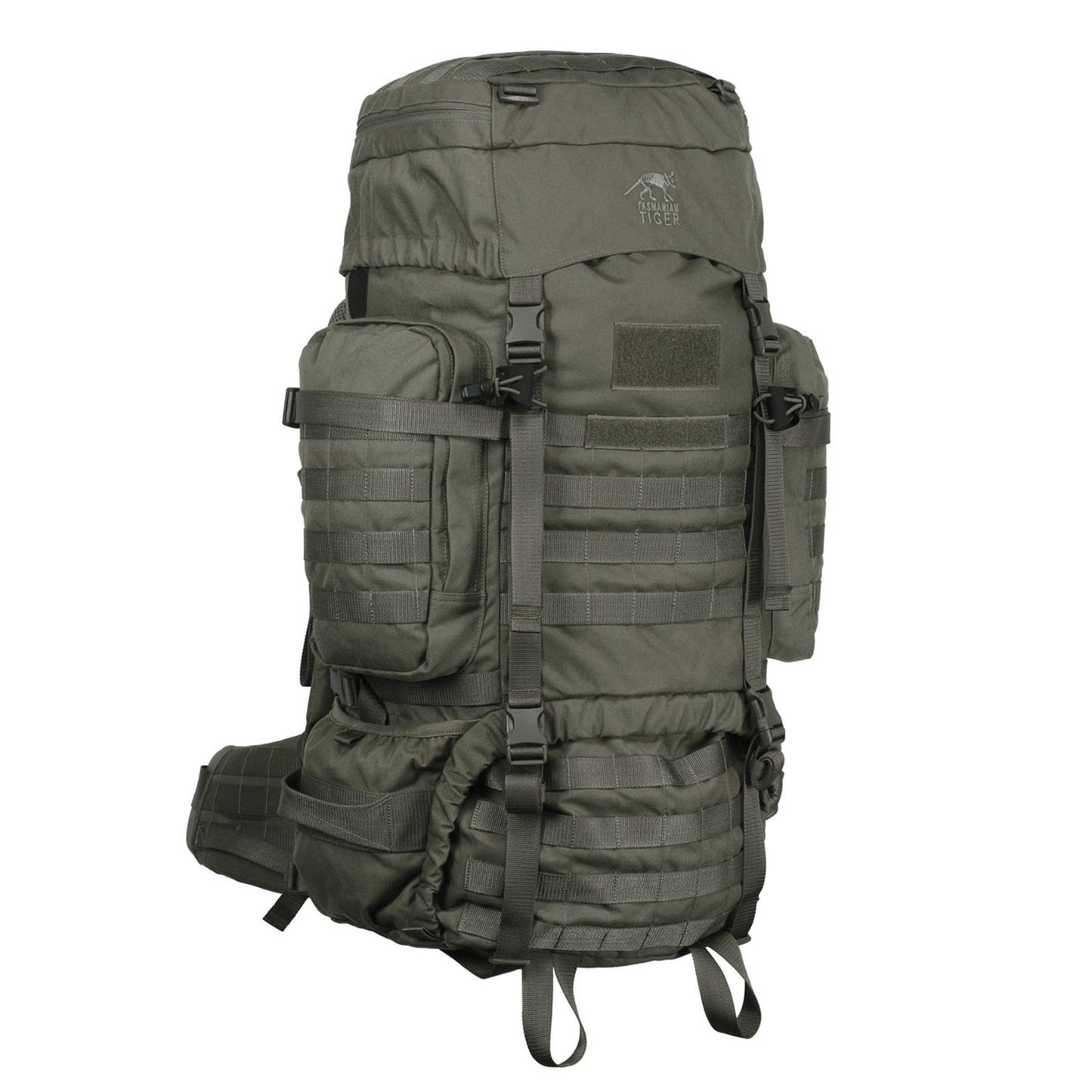 Tasmanian Tiger Raid Pack MK III 52L taktinė kuprinė su MOLLE sistema ir reguliuojamu nugaros ilgiu.