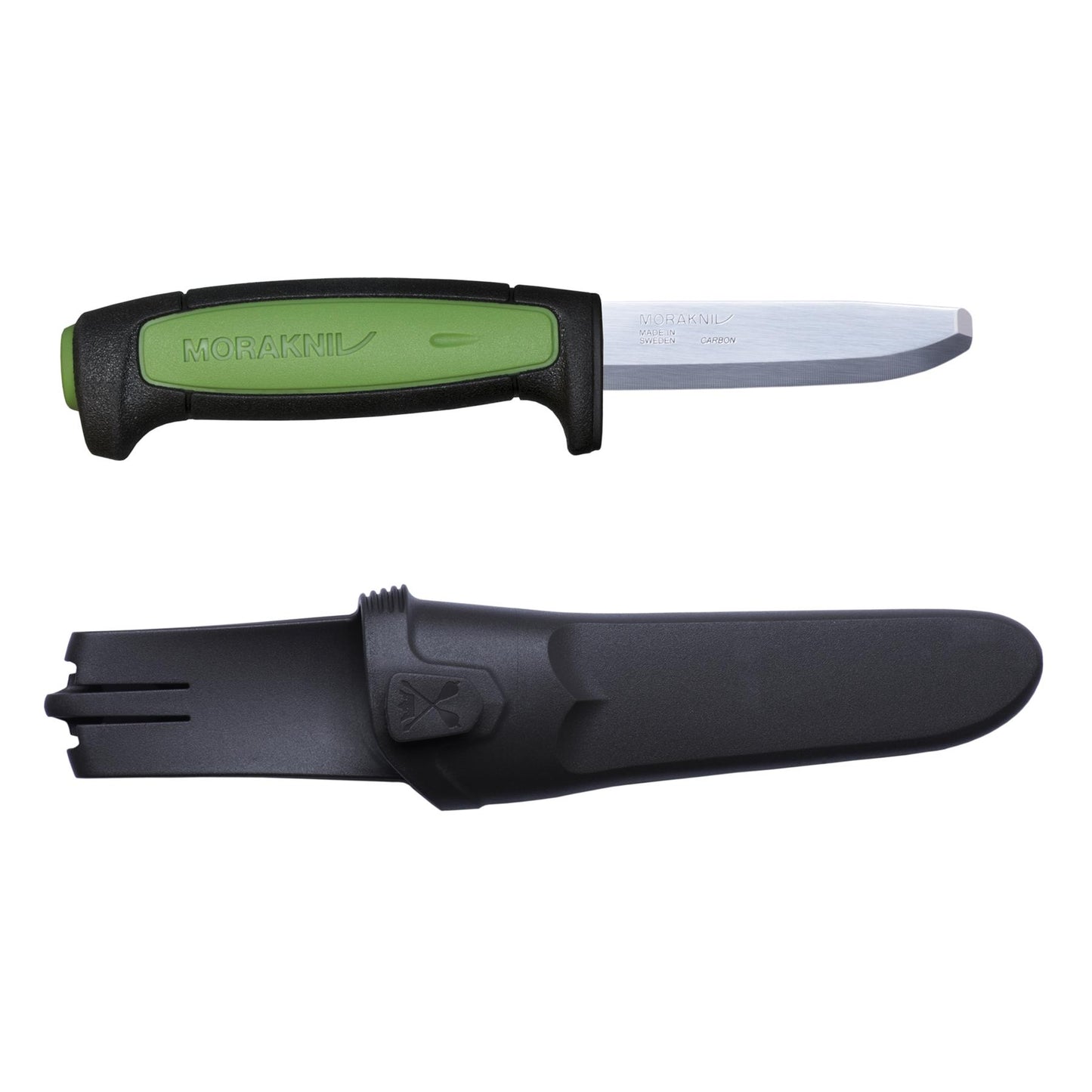 MORAKNIV Pro Safe universalus peilis fiksuota geležte ir nubukintu galu su polimerine rankena ir dėklu diržui.