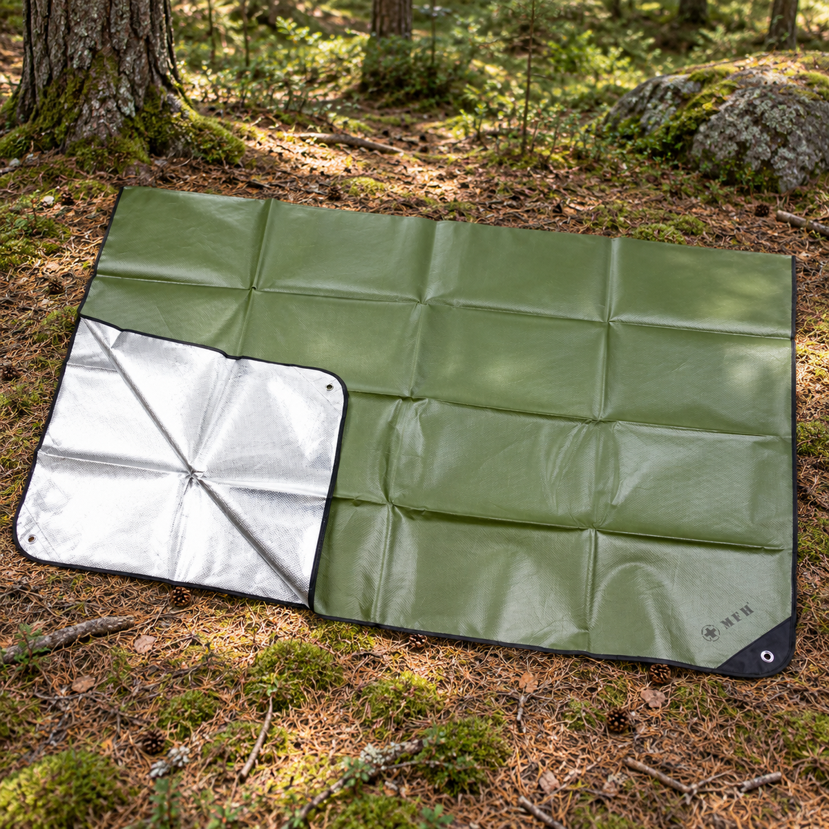 MFH išgyvenimo tentas 210 x 150 cm su aliuminio danga alyvuogių