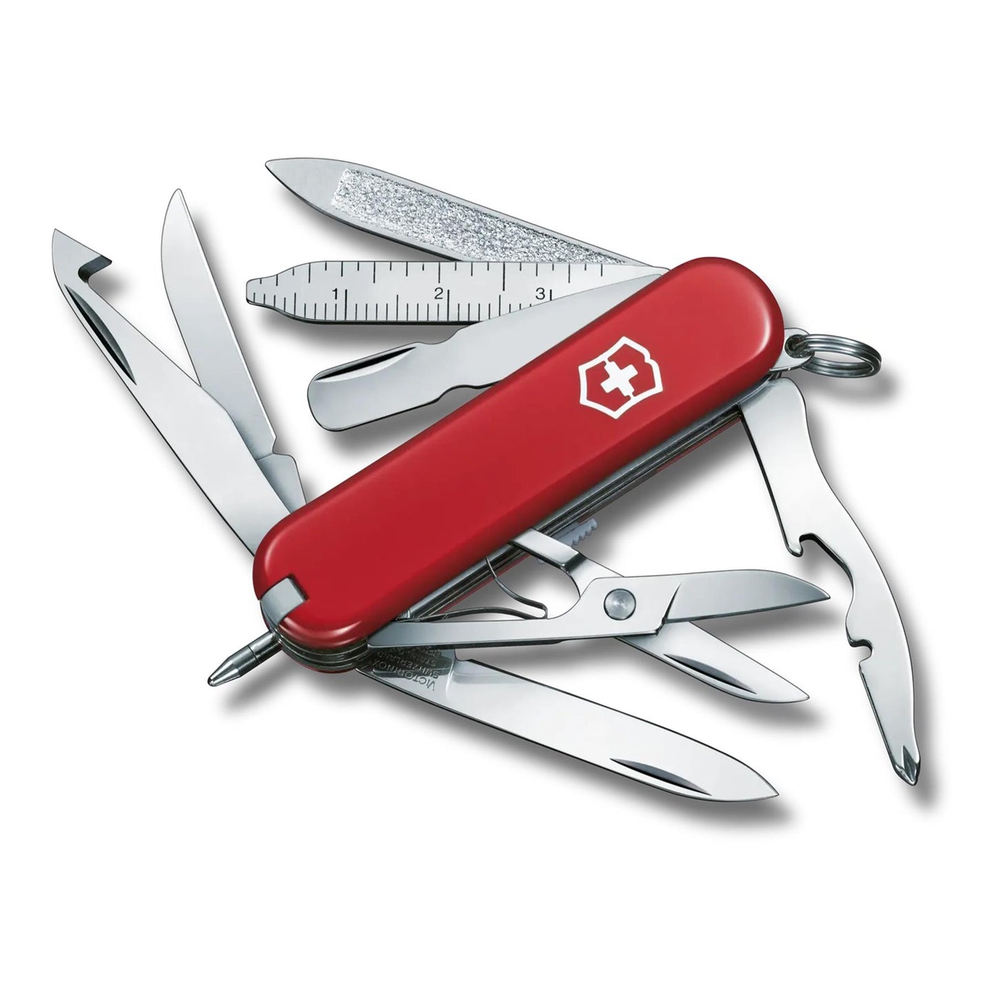 Victorinox Mini Champ šveicariškas peiliukas – raudonas korpusas ir nerūdijančio plieno įrankiai