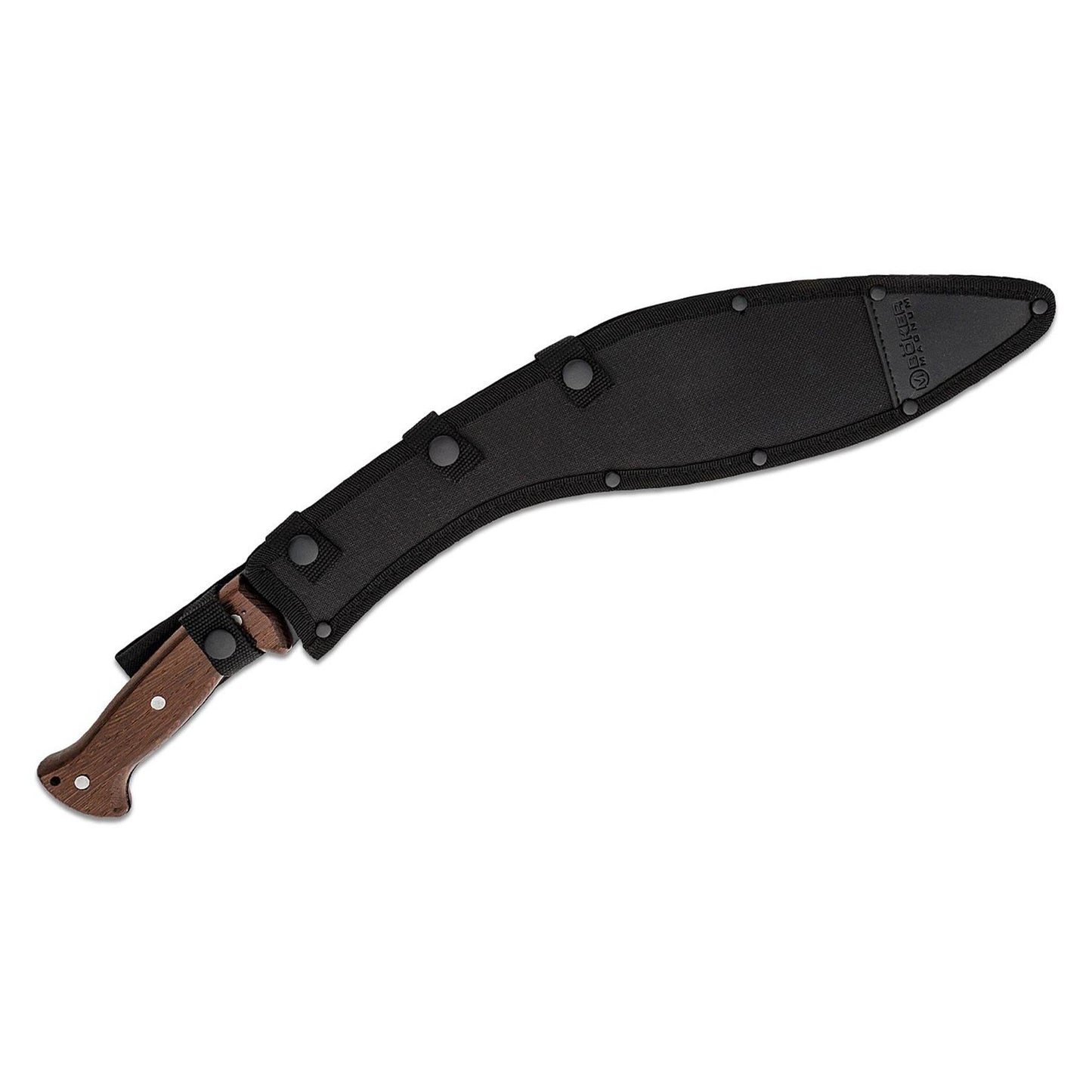 Boker Magnum Kukri macete su lenkta geležte, juodu deklu ir medine rankena, pagaminta is 420 plieno