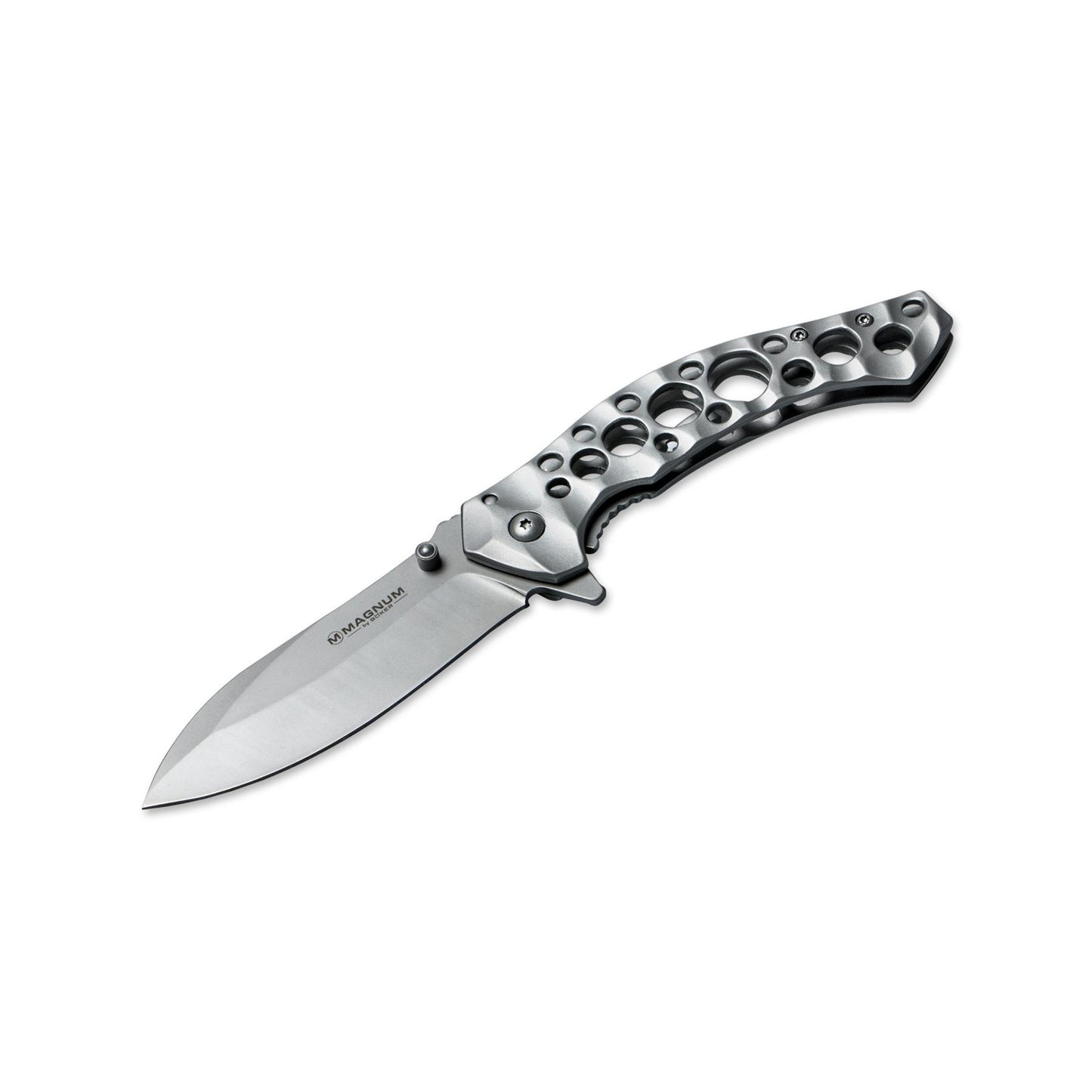 BOKER Magnum Slender kišeninis peilis su perforuota sidabrine rankena ir drop point nerūdijančio plieno ašmenimis
