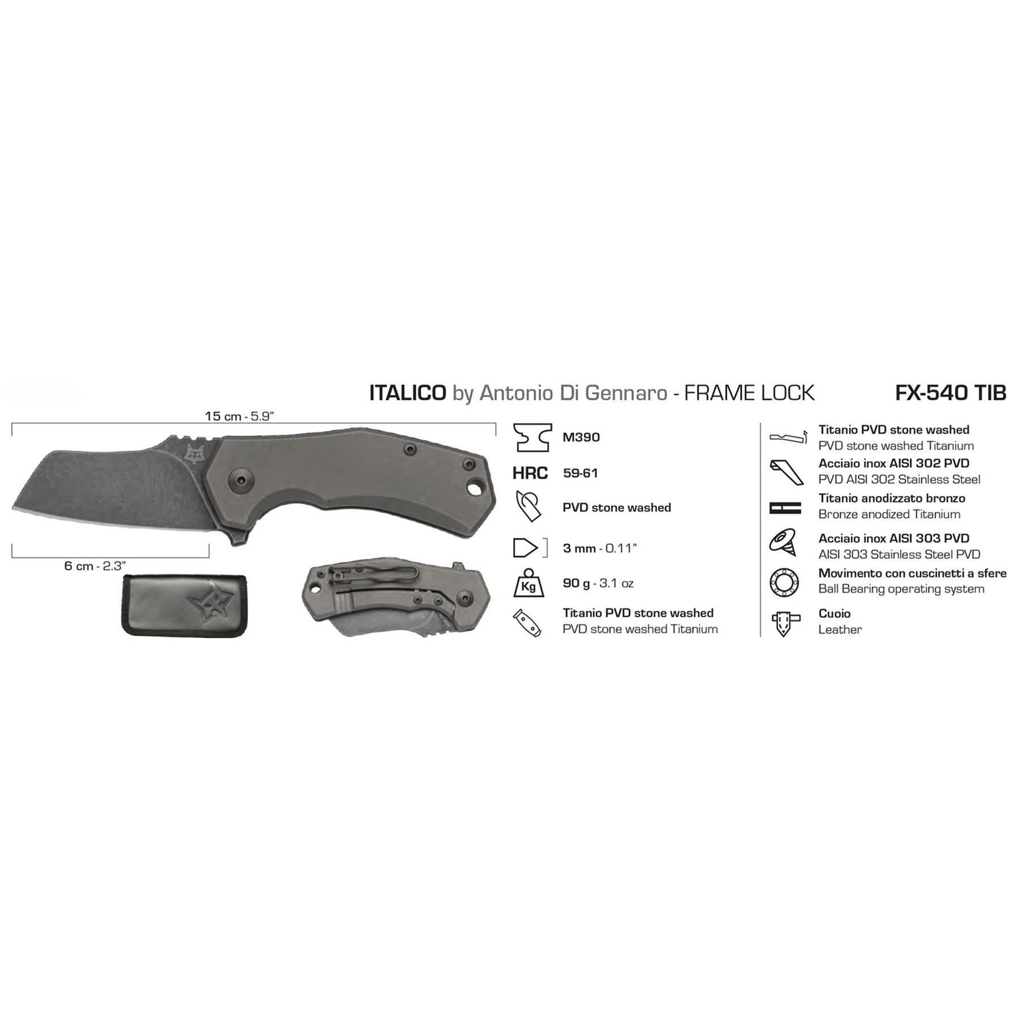 Fox Knives ITALICO atlenkiamas peilis su sheepsfoot geležte M390 plienas, kompaktiškas ir tvirtas dizainas.