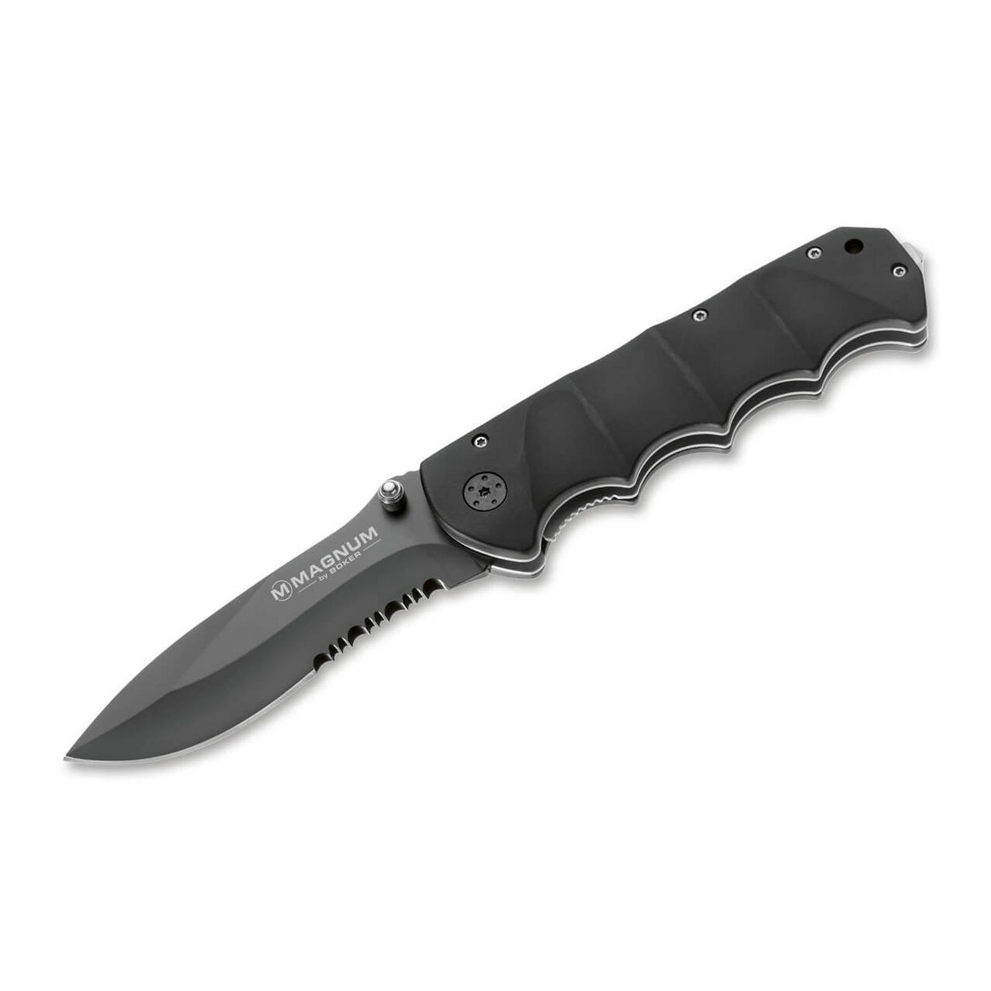 Boker Black Spear sulankstomas peilis su juoda pusiau seruota geležte ir aliuminio rankena, atvertas vaizdas is sono