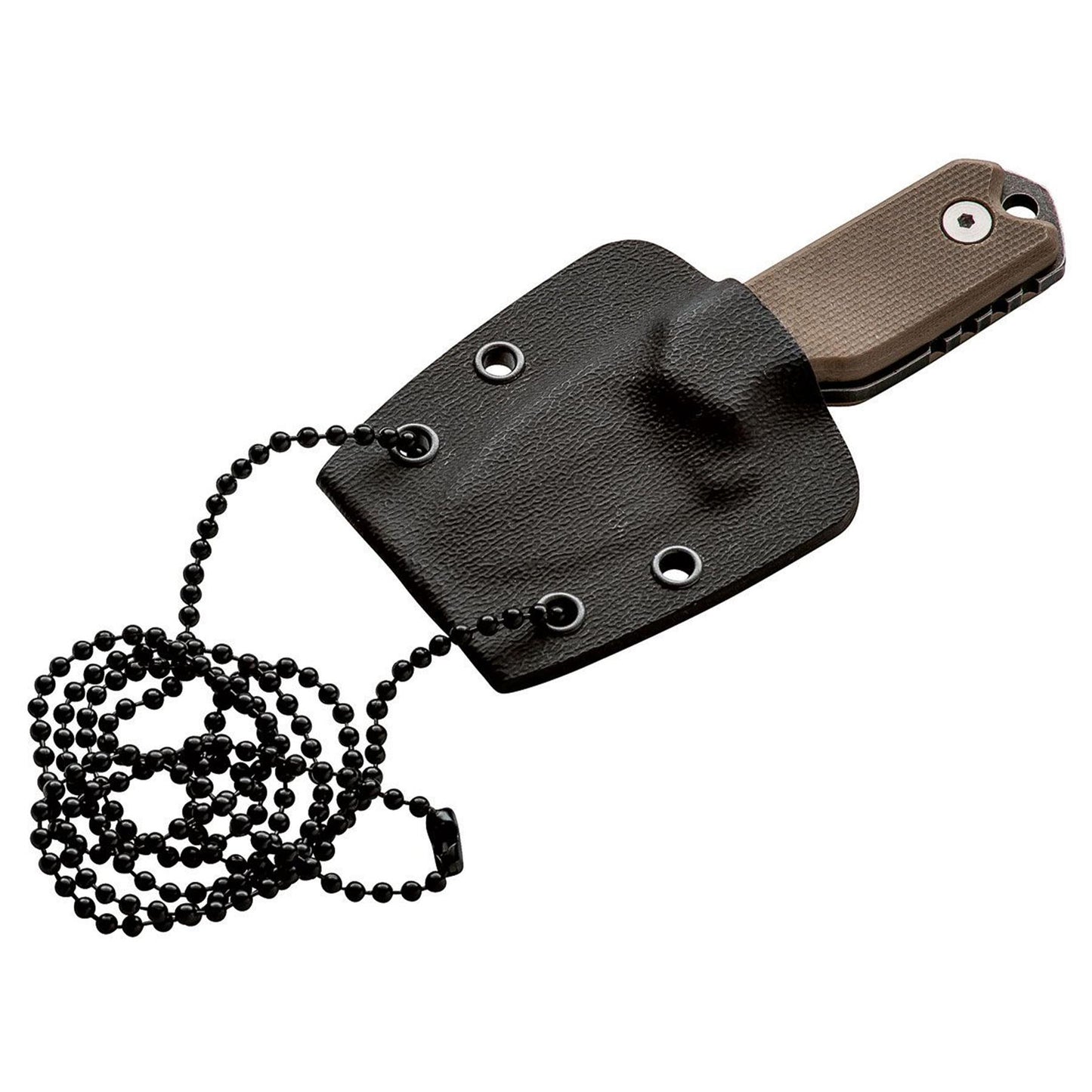 Boker Plus Li'l Friend Micro fiksuotas peilis su juoda Kydex deklu ir kaklo grandine, rudos spalvos rankena