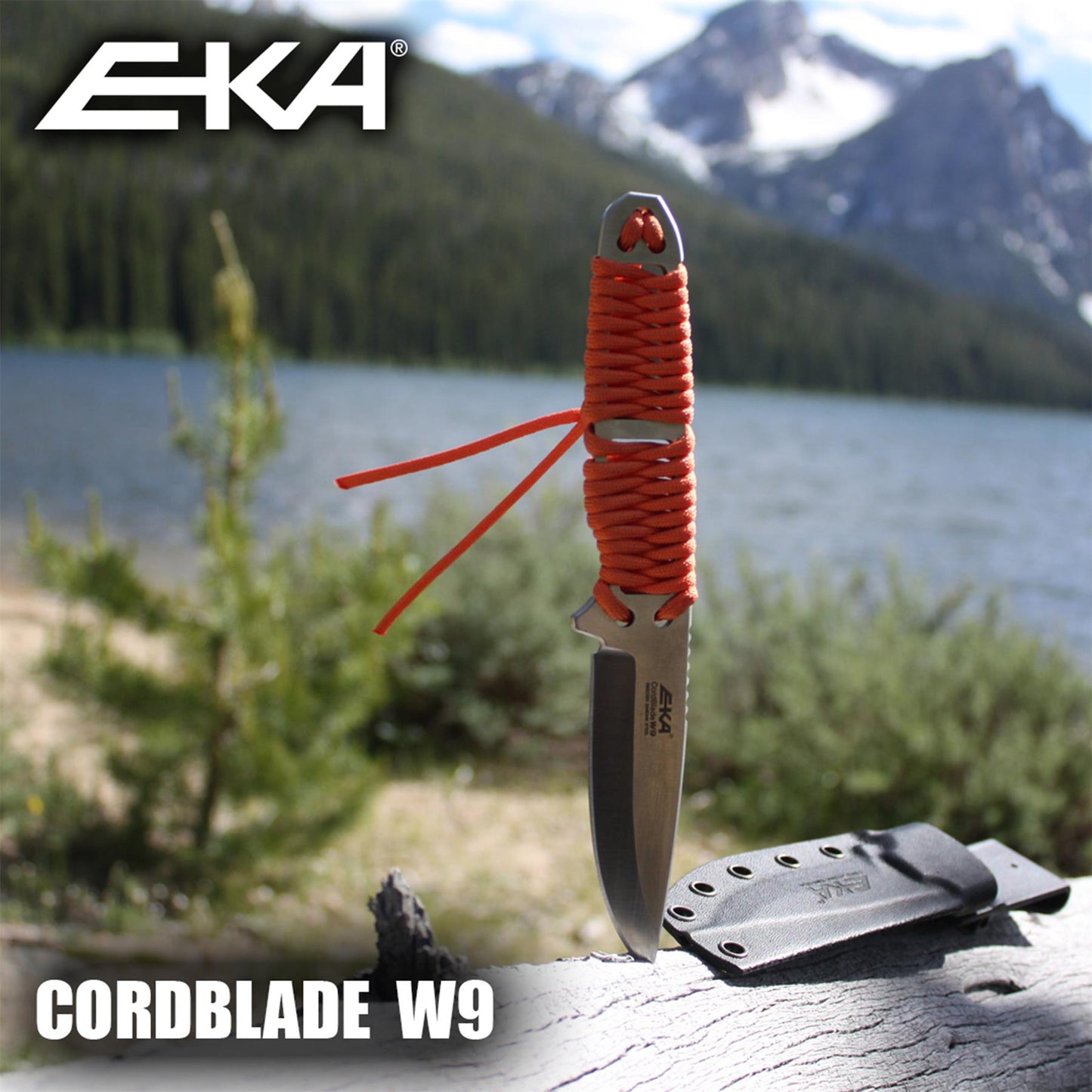 EKA CordBlade W9 išgyvenimo peilis su drop point geležte ir oranžine paracord rankena gamtoje.
