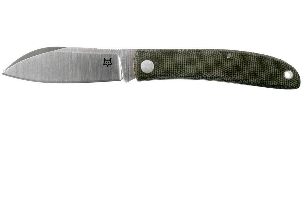 Fox Knives Livri sulankstomas peilis iš nerūdijančio plieno M390 su satino ašmenimis ir žalia mikartos rankena.